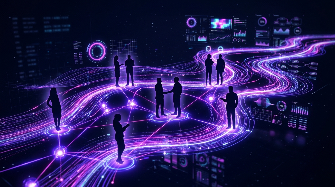 Visualizzazione astratta di AI predittiva con flussi di dati viola che connettono silhouette clienti su sfondo navy scuro