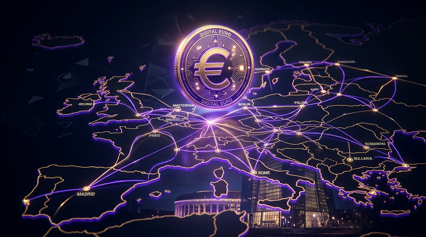 Moneta euro digitale sopra mappa europea con flussi di pagamento luminosi, sfondo navy scuro, estetica fintech moderna