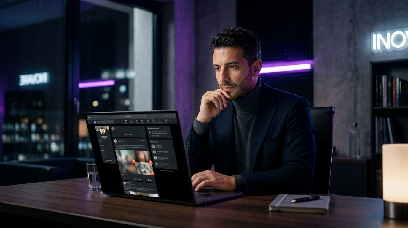 Freelancer italiano in studio professionale, guarda LinkedIn su laptop con toni viola e navy scuro