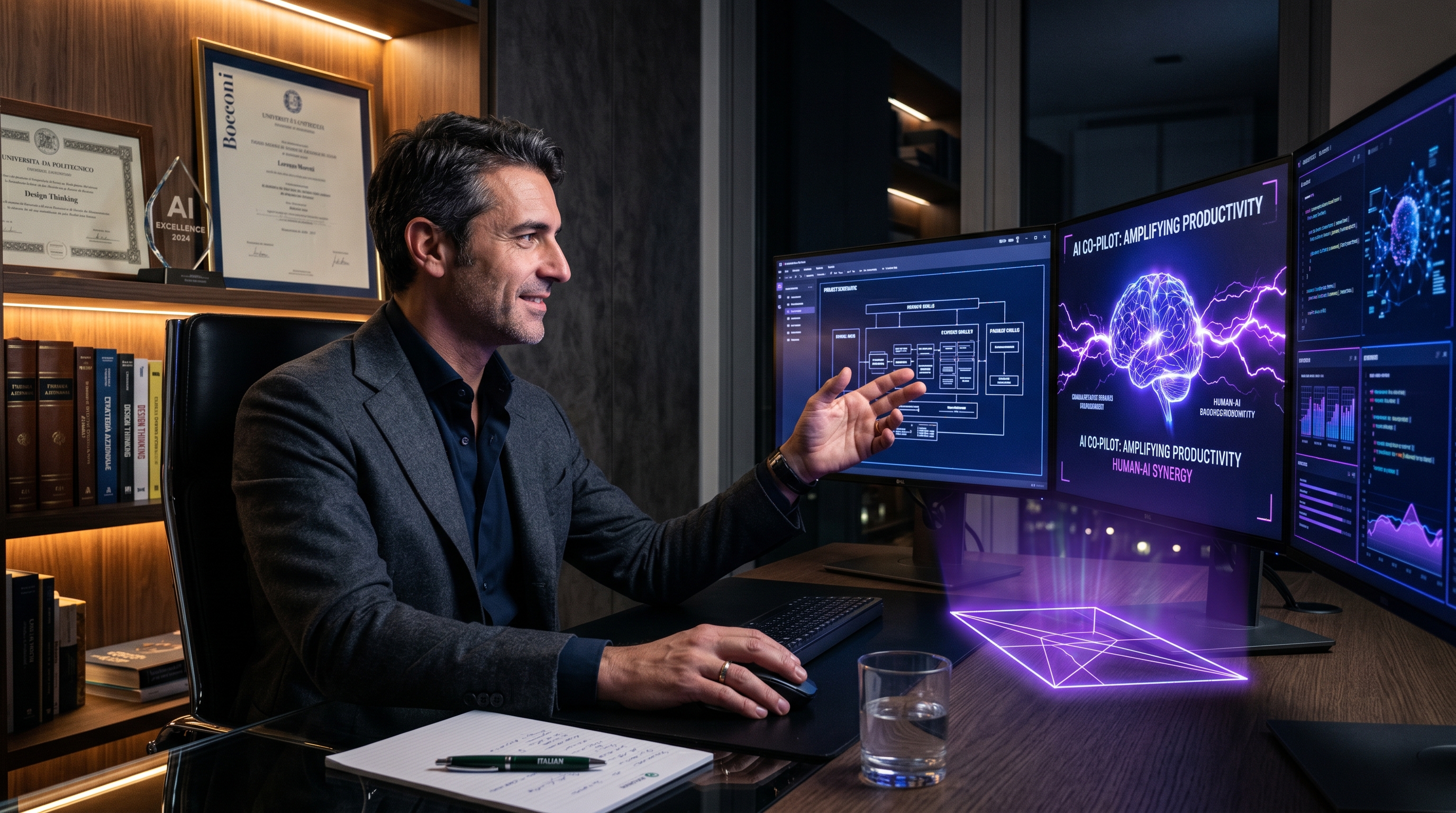Professionista italiano al desk con libri e interfaccia AI su schermo — competenze umane che amplificano la produttività AI