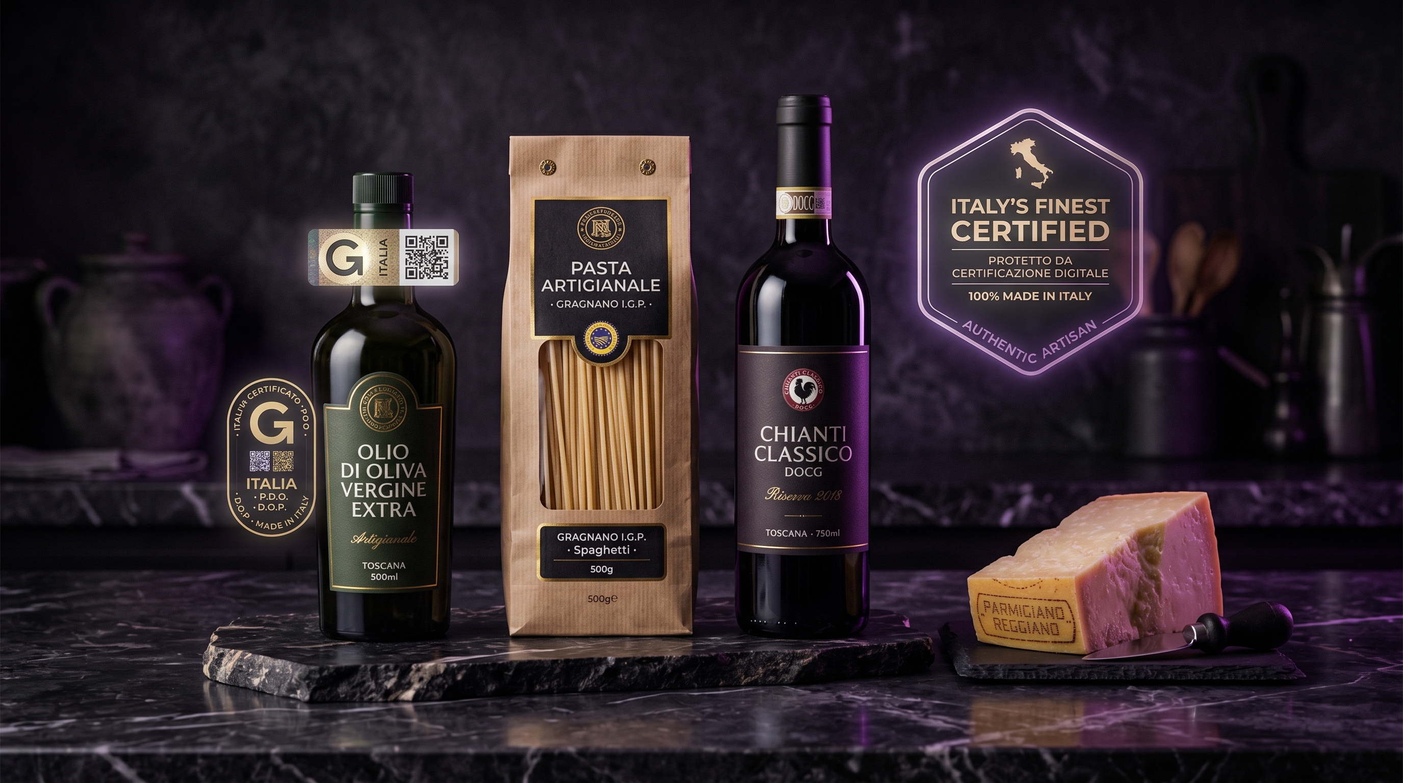 Prodotti artigianali italiani premium su marmo scuro con sigillo di certificazione digitale — tutela Made in Italy nell'e-commerce