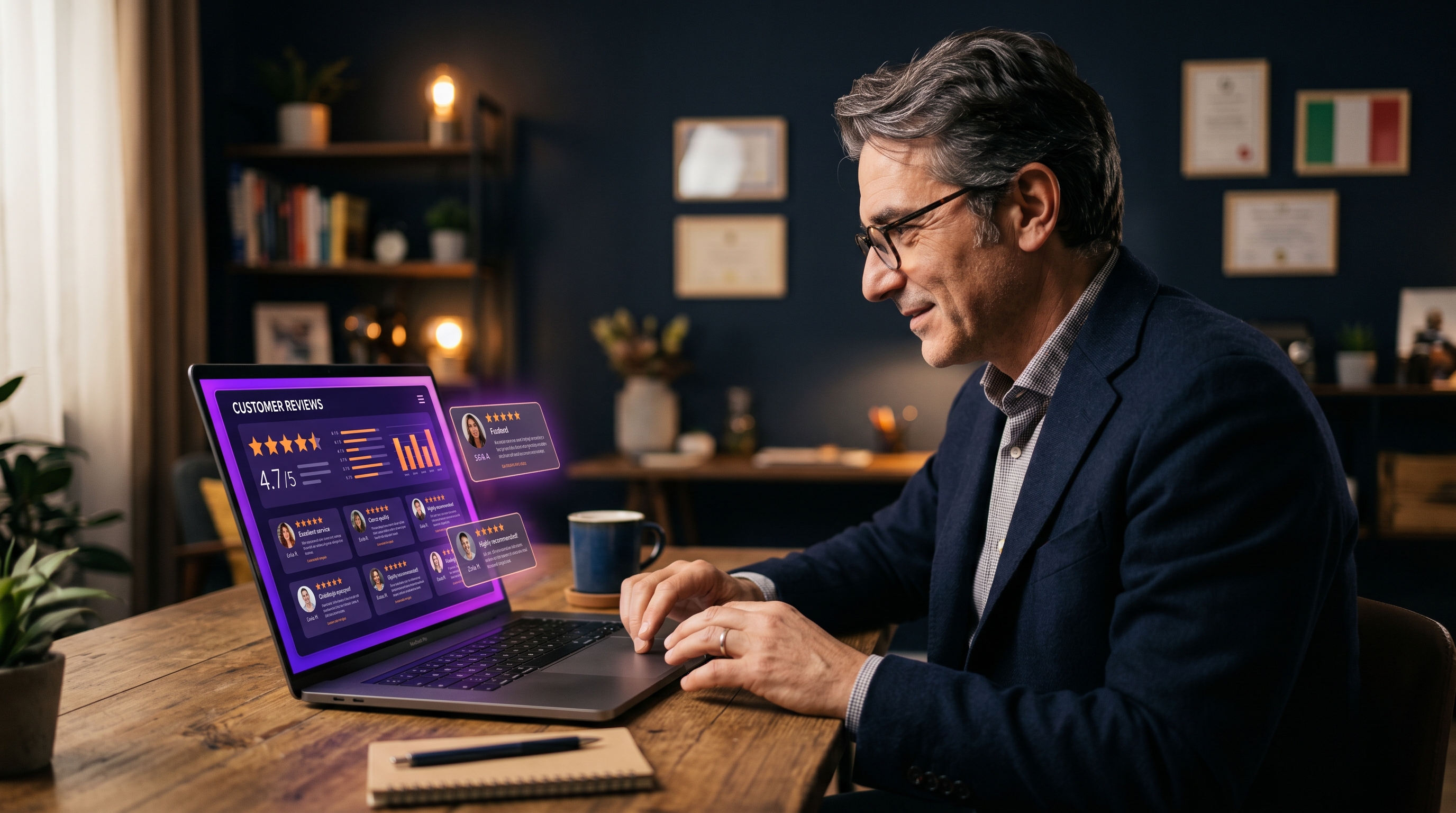 Titolare di PMI italiana che gestisce le recensioni online su laptop con interfaccia viola — reputazione digitale come asset aziendale