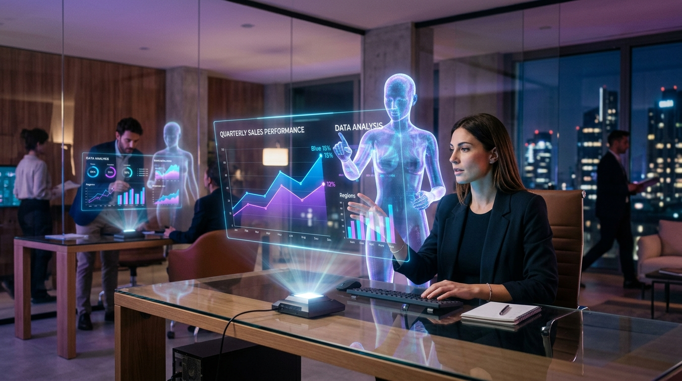 Scena d'ufficio futuristica con agenti AI olografici che assistono lavoratori con grafici di vendita e analisi dati, luci viola e blu, ufficio italiano moderno