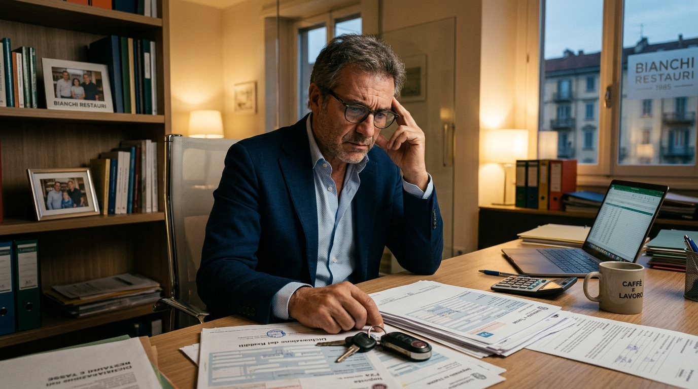 Titolare di PMI italiana allo studio con documenti fiscali e chiavi auto, luce calda, stile fotografico professionale