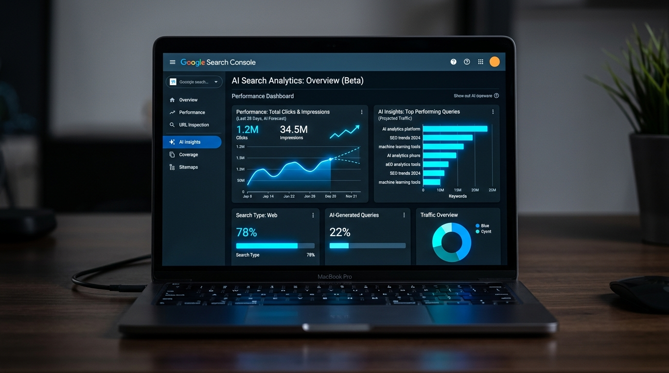 Dashboard Google Search Console con report AI search su schermo laptop, grafici blu luminosi, sfondo scuro, estetica tech professionale