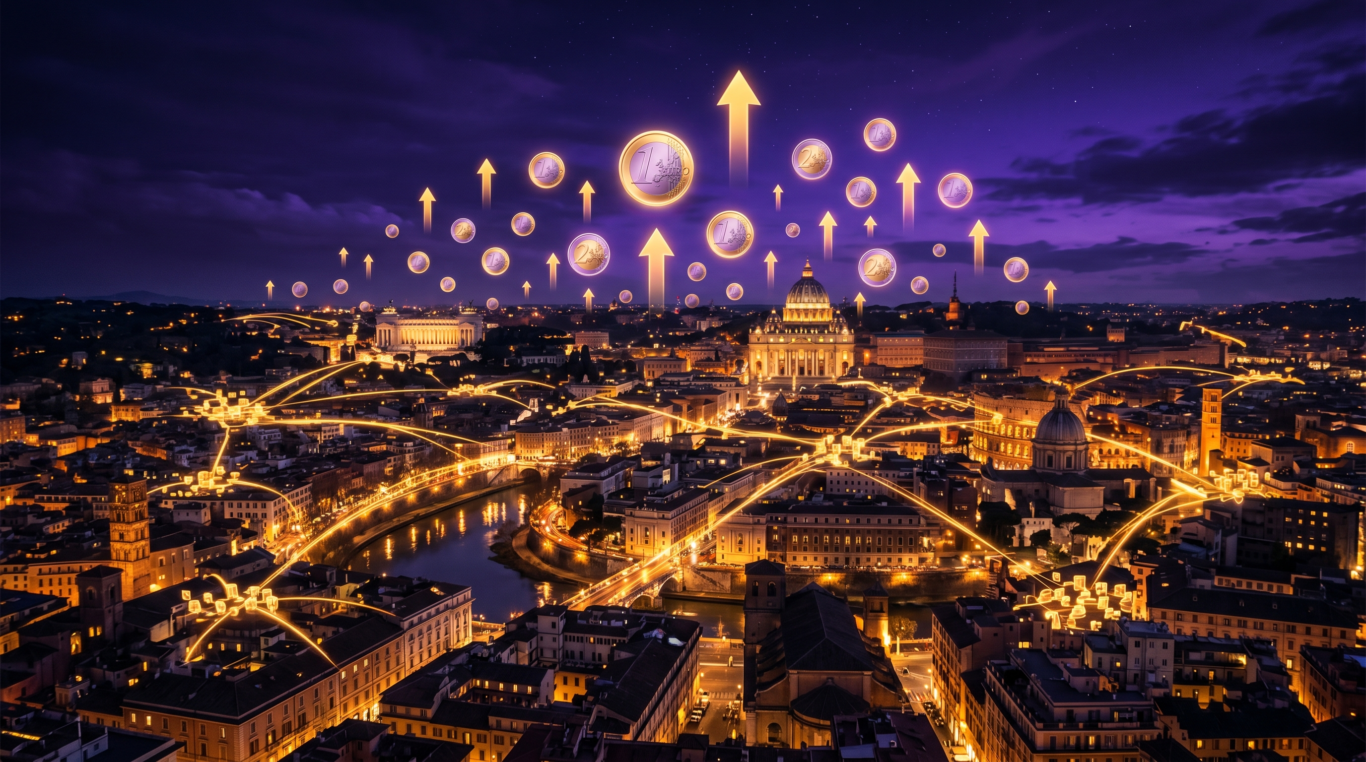 Vista aerea di città italiana di notte con connessioni luminose dorate tra regioni, simboli euro e frecce di crescita in cielo viola scuro, investimento e fondi europei per PMI