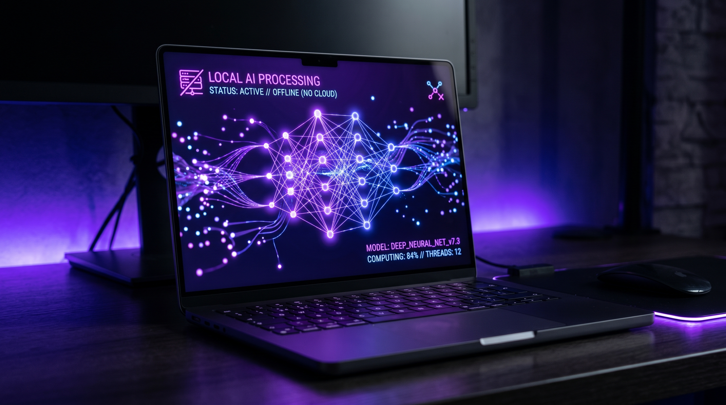 Laptop su scrivania scura con visualizzazione di rete neurale AI, pattern viola e viola neon, elaborazione locale senza connessione cloud, sfondo scuro tecnologico