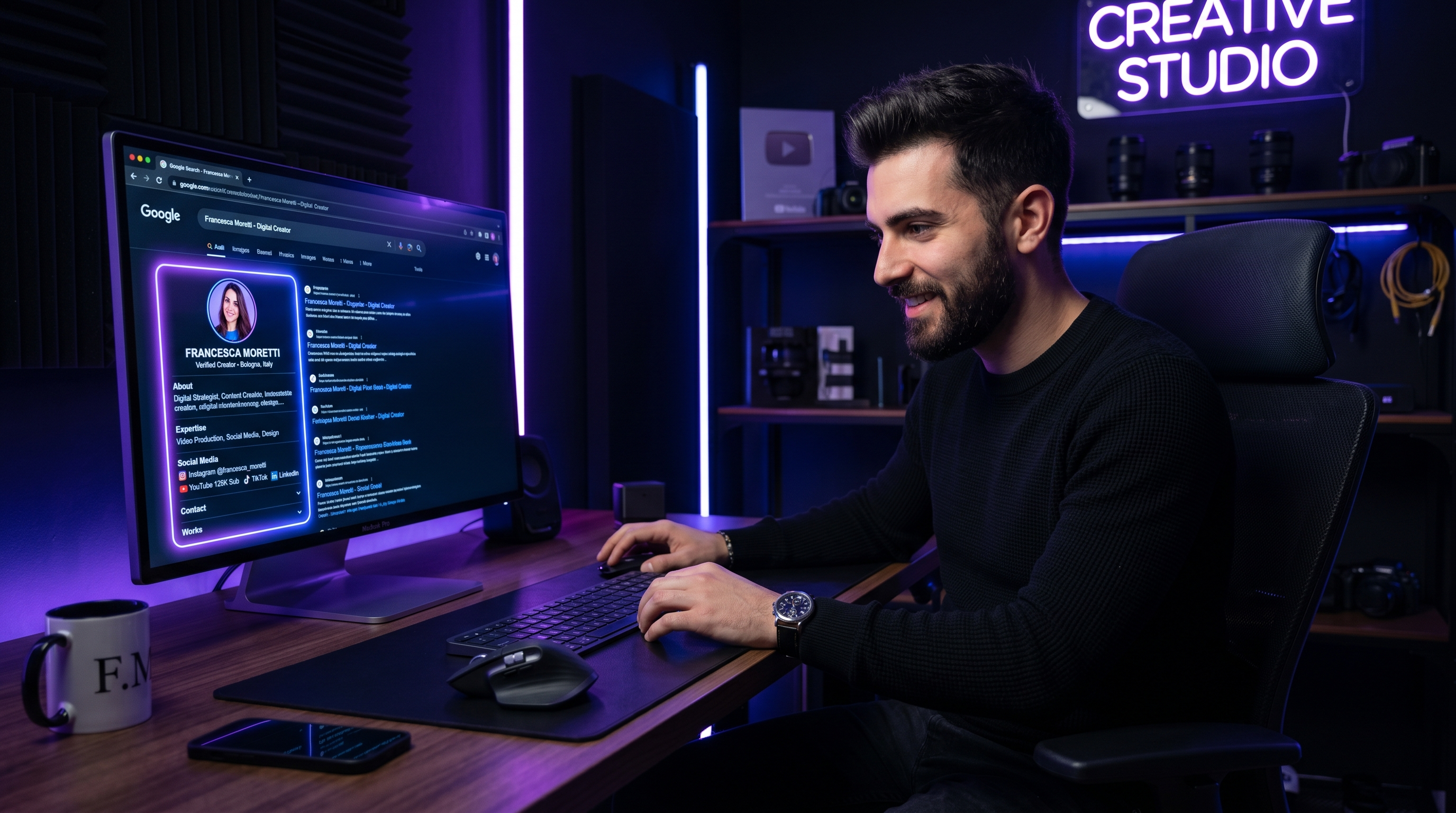 Creator digitale che guarda il proprio profilo Google Search su laptop, luce viola e blu, studio moderno scuro, tecnologia e personal brand