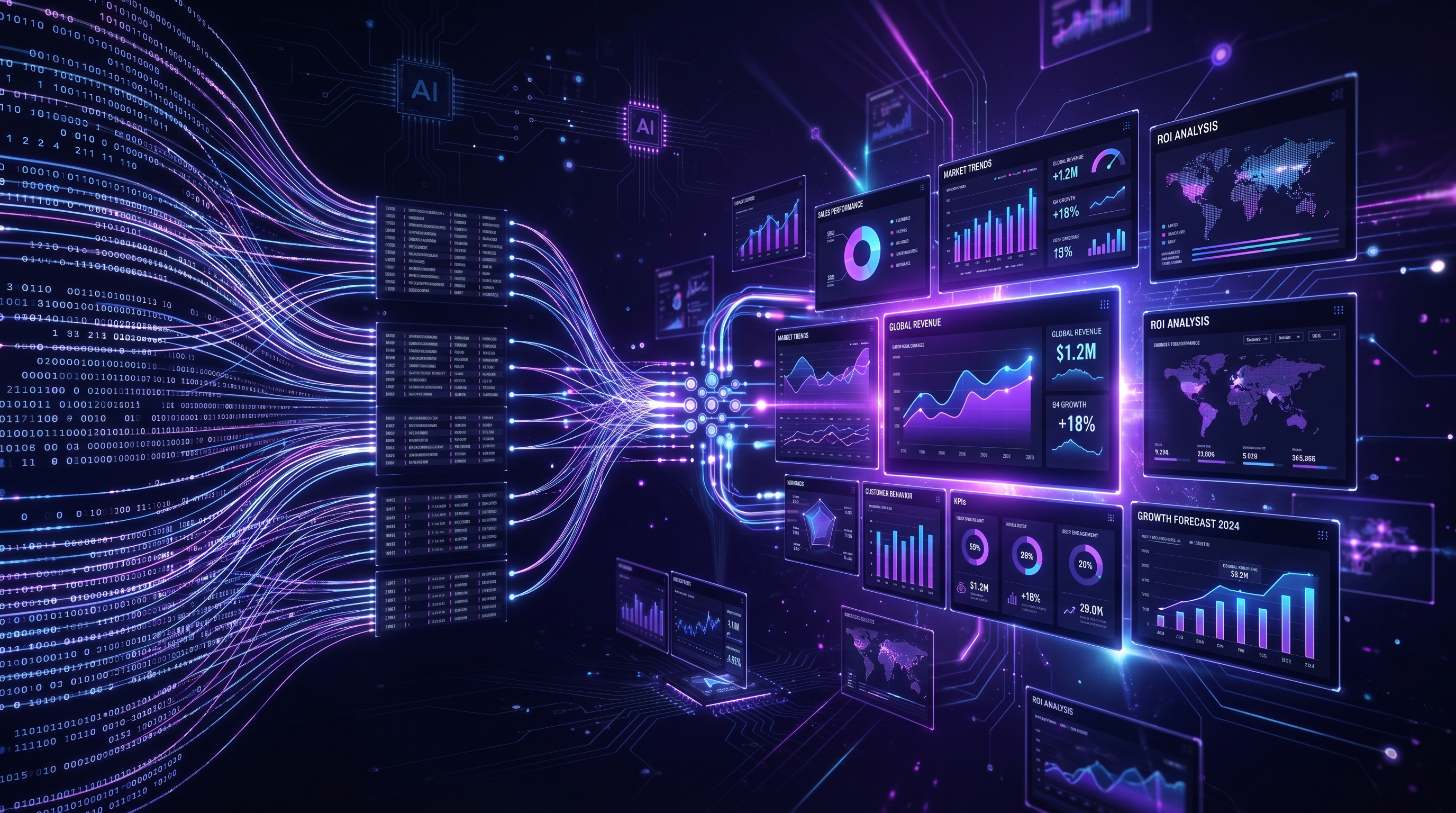 Flussi di dati strutturati che si trasformano in insight su pannelli olografici scuri, nodi connessi a dashboard con grafici, sfondo dark con gradienti viola e blu elettrico, arte digitale futuristica
