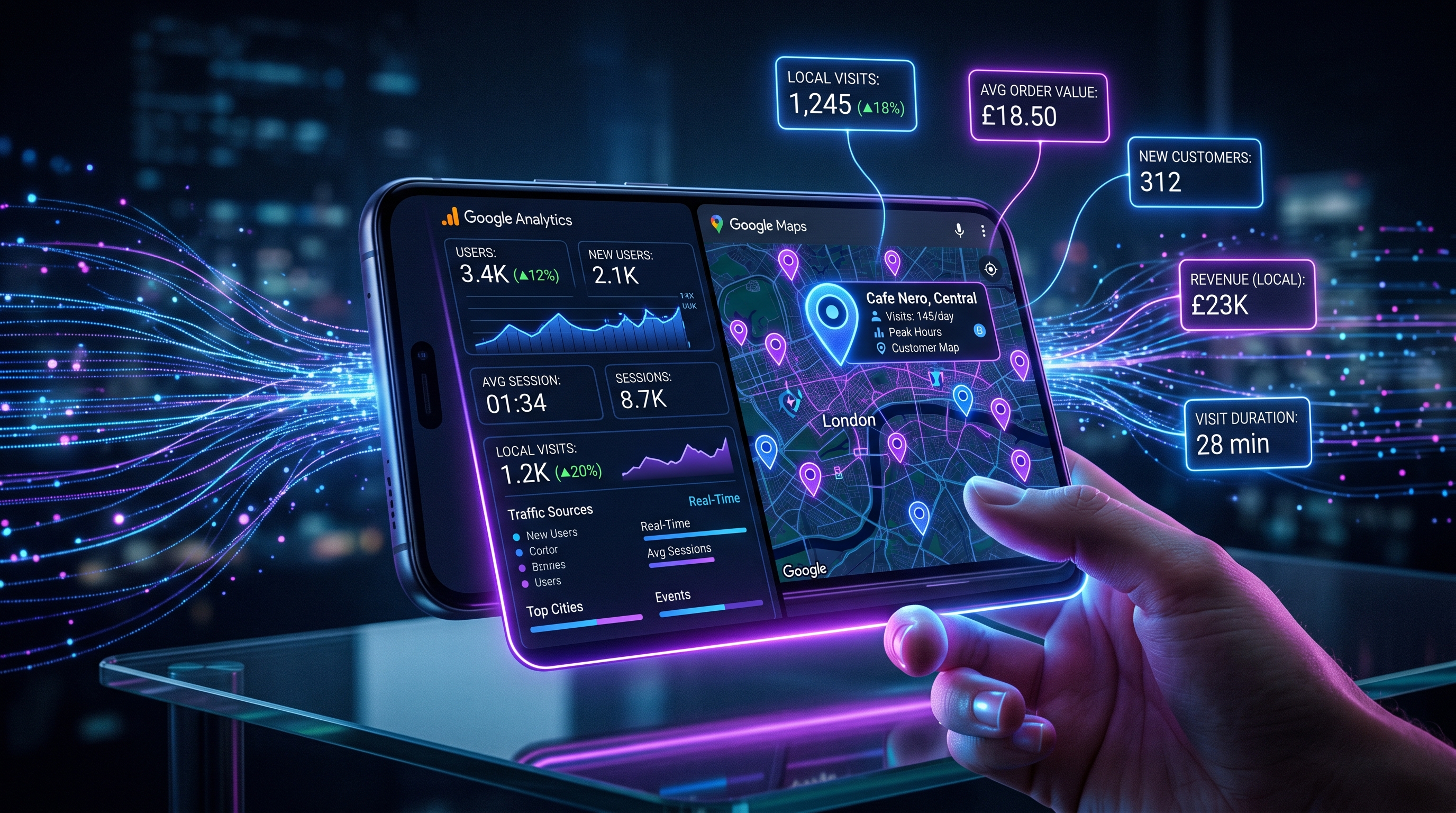 Smartphone con Google Analytics e Google Maps in primo piano, flussi di dati che connettono metriche locali, aesthetic dark con bagliori viola e blu neon, visualizzazione digitale moderna