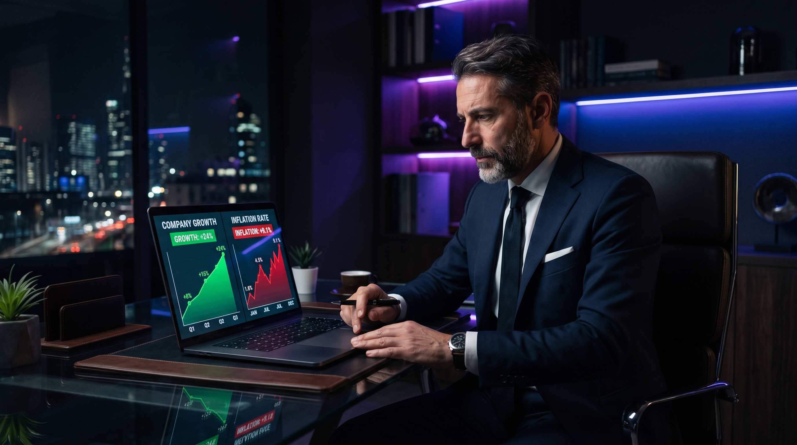 Imprenditore italiano alla scrivania in ufficio scuro guarda due grafici su laptop — curva verde di crescita e spike rosso dell'inflazione, luci viola-blu, atmosfera cinematografica