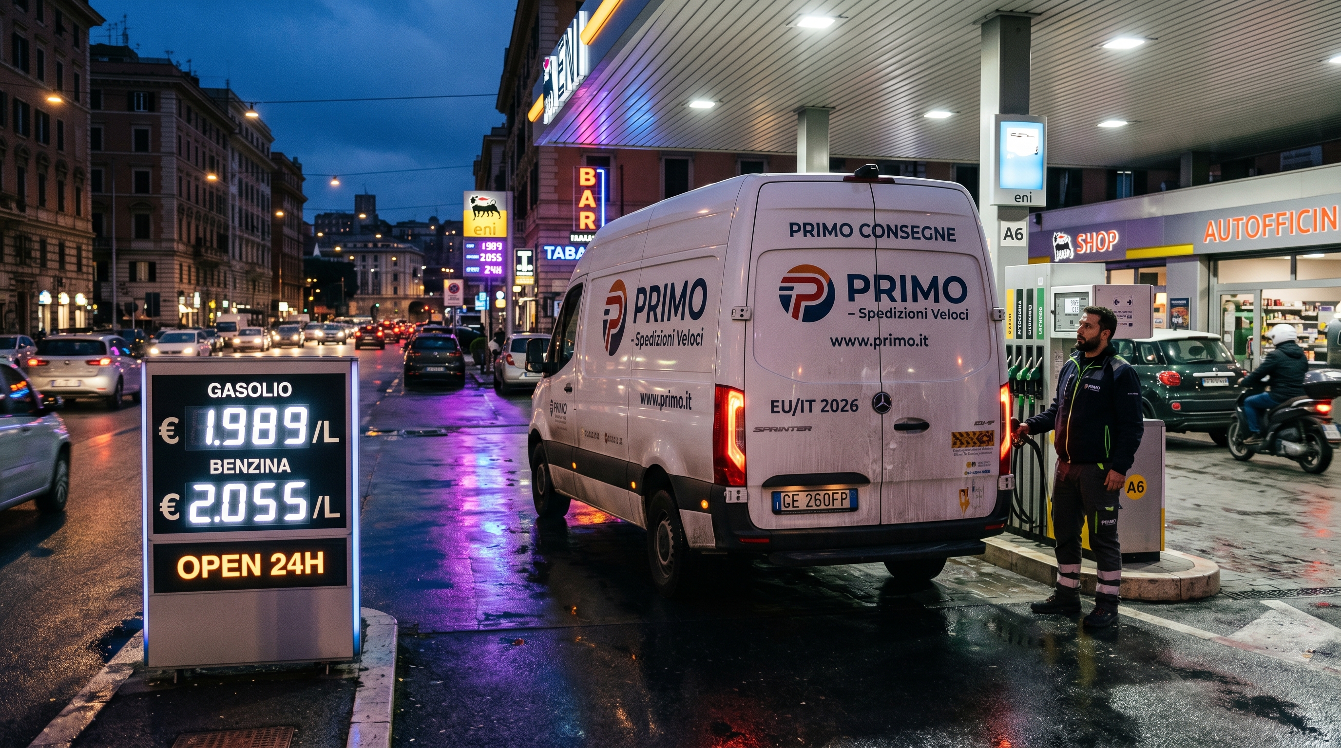 Furgone di consegne e-commerce parcheggiato a un distributore di carburante di sera, display con i prezzi del gasolio in primo piano, atmosfera urbana con bagliori viola e blu neon sull'asfalto bagnato