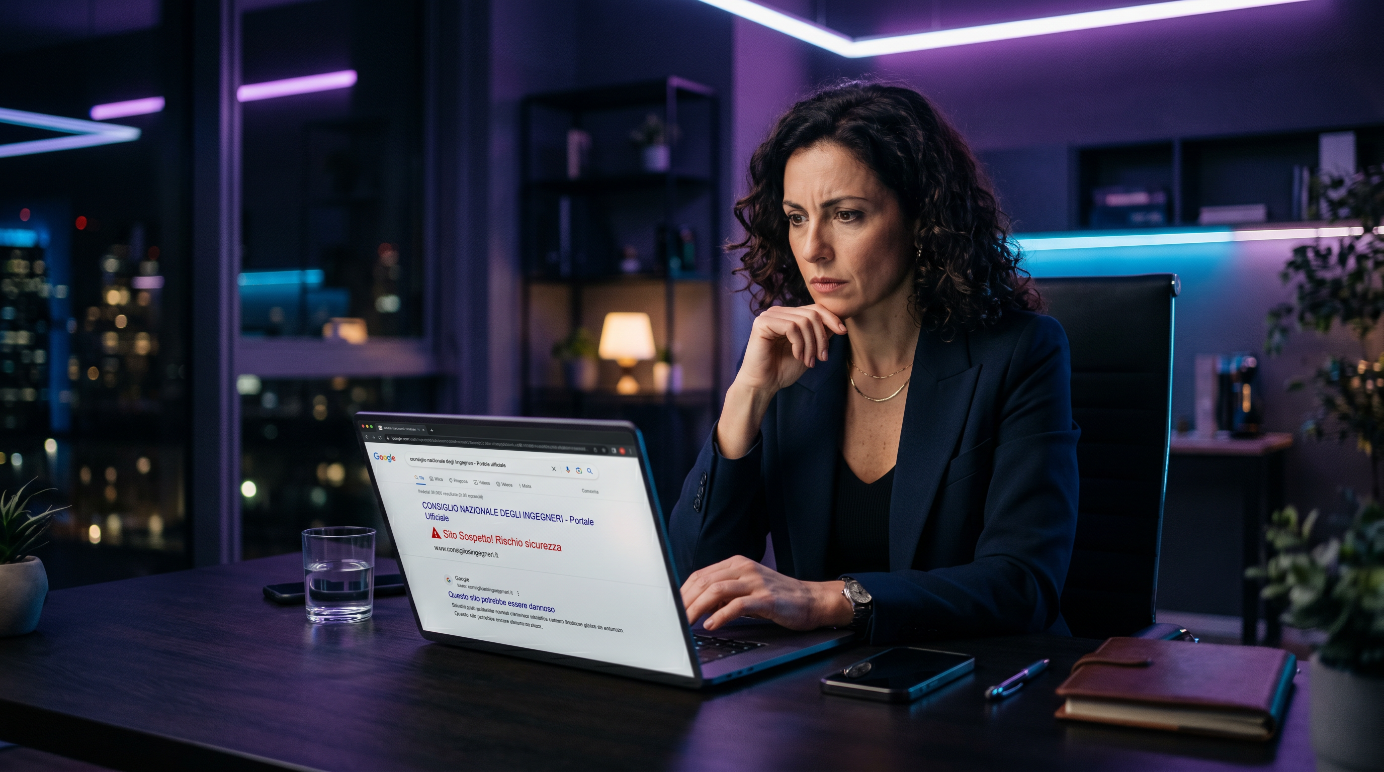 Imprenditrice italiana alla scrivania in ufficio scuro osserva sullo schermo un risultato di ricerca Google con un'icona di avviso rossa accanto a un sito sospetto, atmosfera cinematografica con luci viola e blu neon