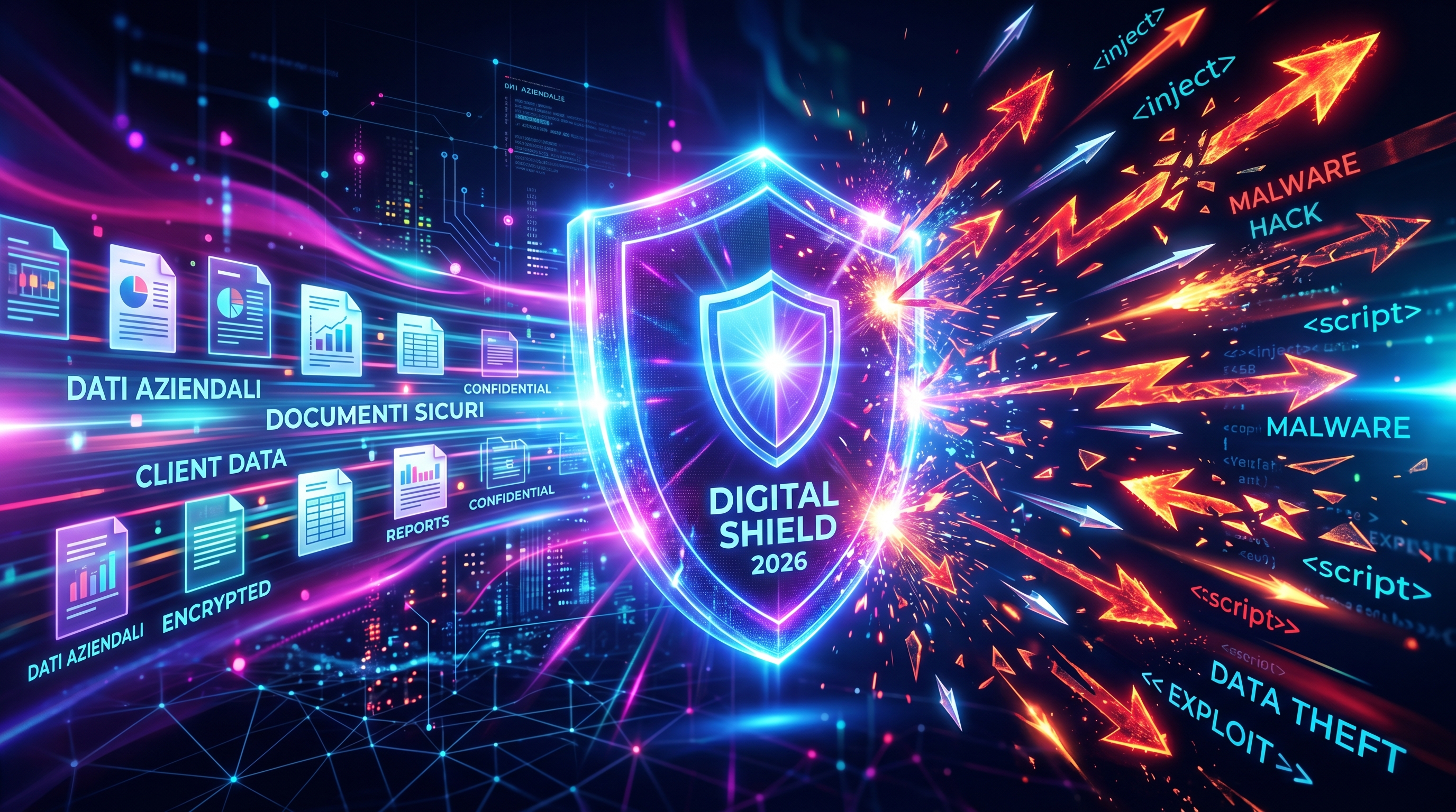 Scudo digitale luminoso che protegge un flusso di dati e documenti aziendali da frecce e codice dannoso, sfondo scuro con gradienti viola e blu elettrico, arte digitale futuristica