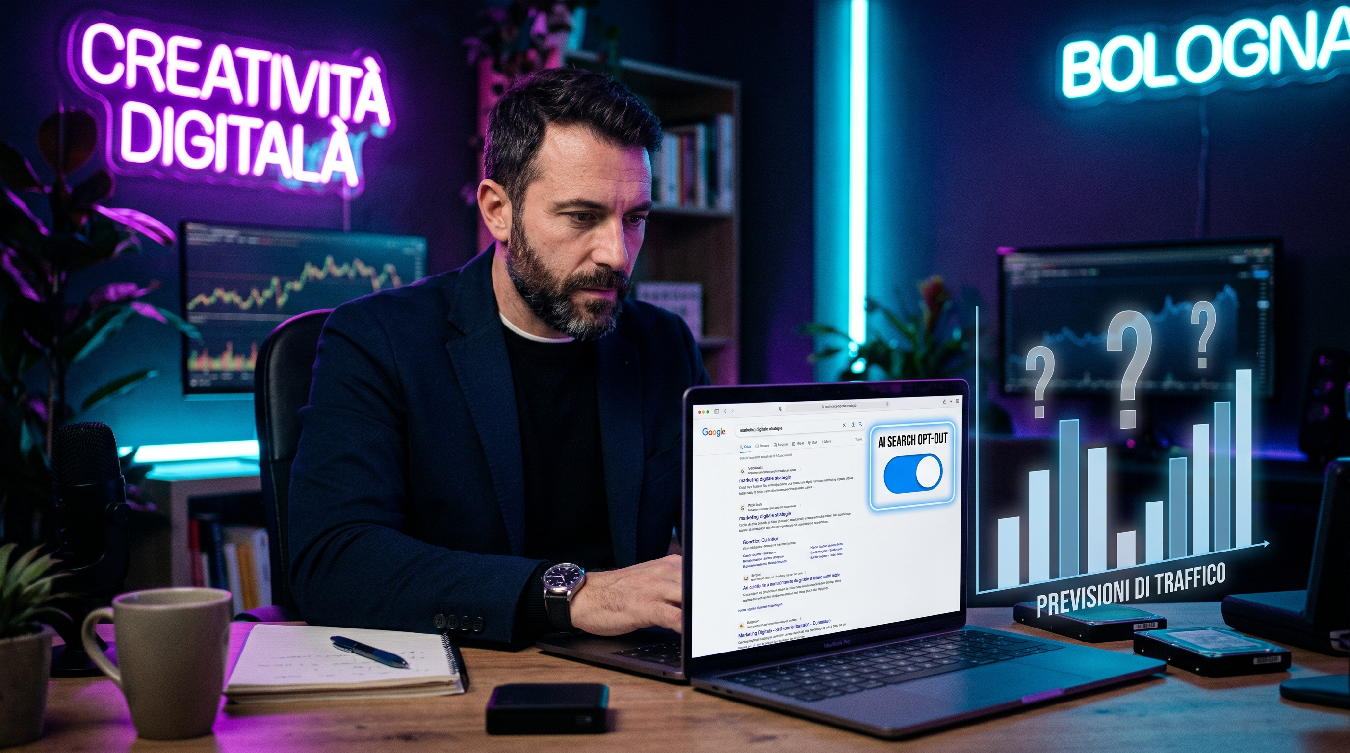 Imprenditore italiano in un piccolo ufficio osserva sullo schermo di un laptop un interruttore di disattivazione per la ricerca AI accanto a un grafico con dati mancanti e punti interrogativi sospesi, atmosfera cinematografica con luci viola e blu elettrico al neon, sfondo scuro, stile arte digitale moderna