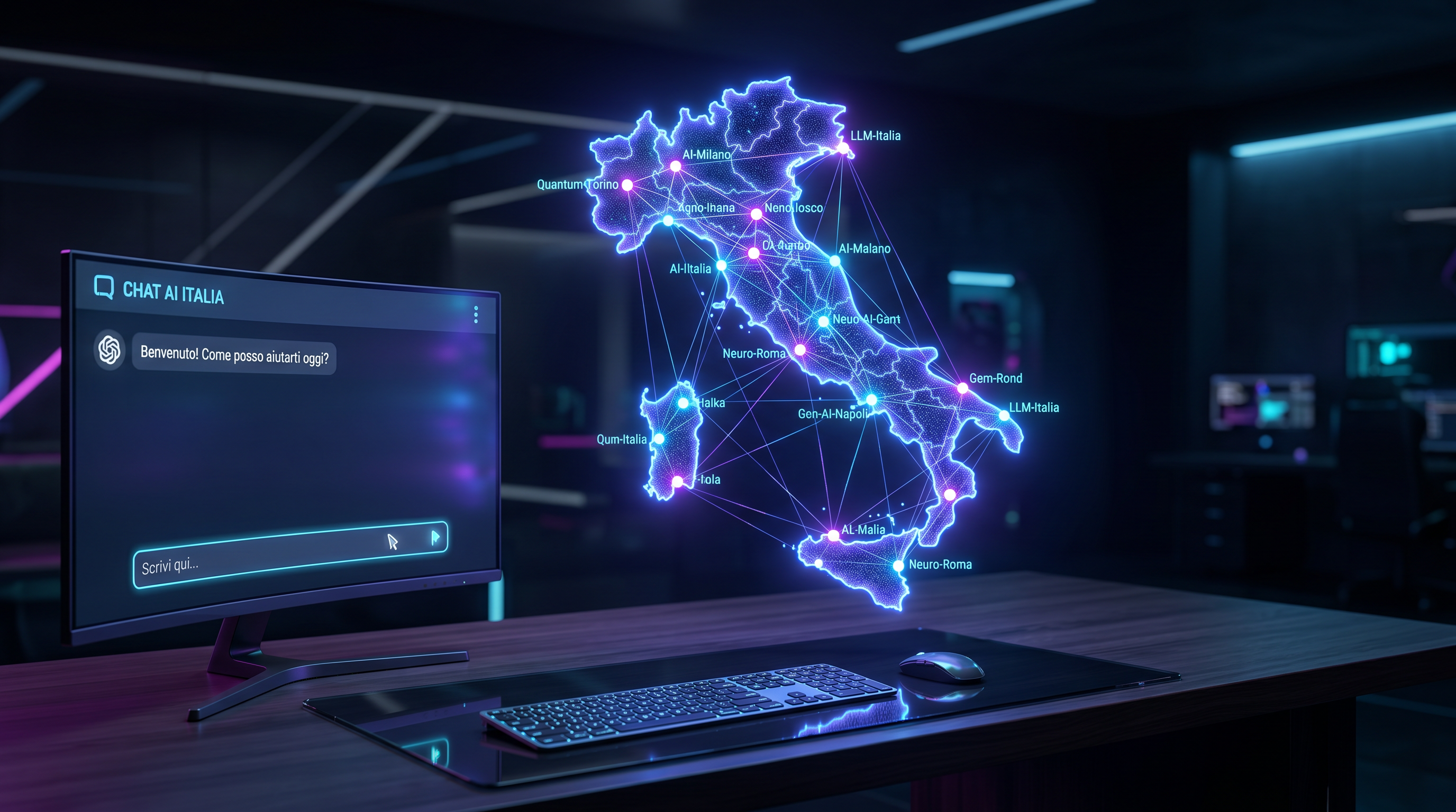 Mappa stilizzata dell'Italia proiettata in ologramma sopra una scrivania moderna con nodi luminosi collegati che rappresentano diversi modelli di intelligenza artificiale italiani e un'interfaccia chat in primo piano, atmosfera cinematografica con luci viola e blu elettrico al neon, sfondo scuro, stile arte digitale futuristica