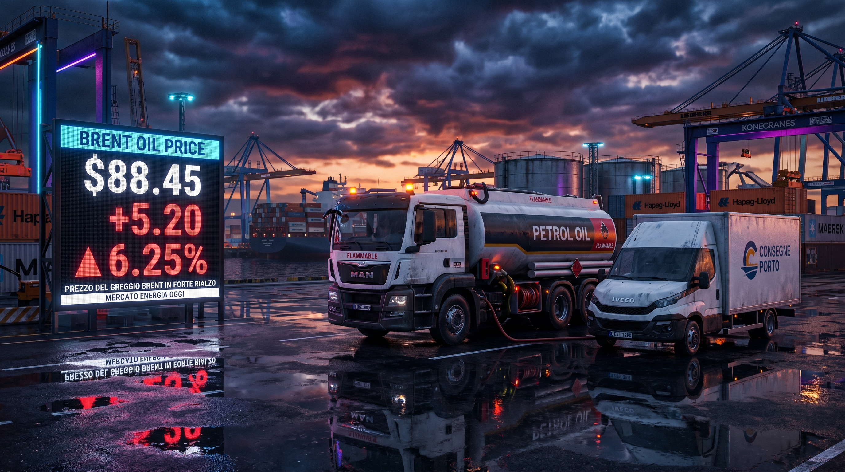 Furgone merci e cisterna di carburante in un'area industriale al tramonto con un display digitale che mostra il prezzo del petrolio Brent in forte rialzo segnato da una freccia rossa, riflessi su asfalto bagnato, atmosfera cinematografica con bagliori viola e blu elettrico al neon, sfondo scuro e drammatico, stile arte digitale fotorealistica