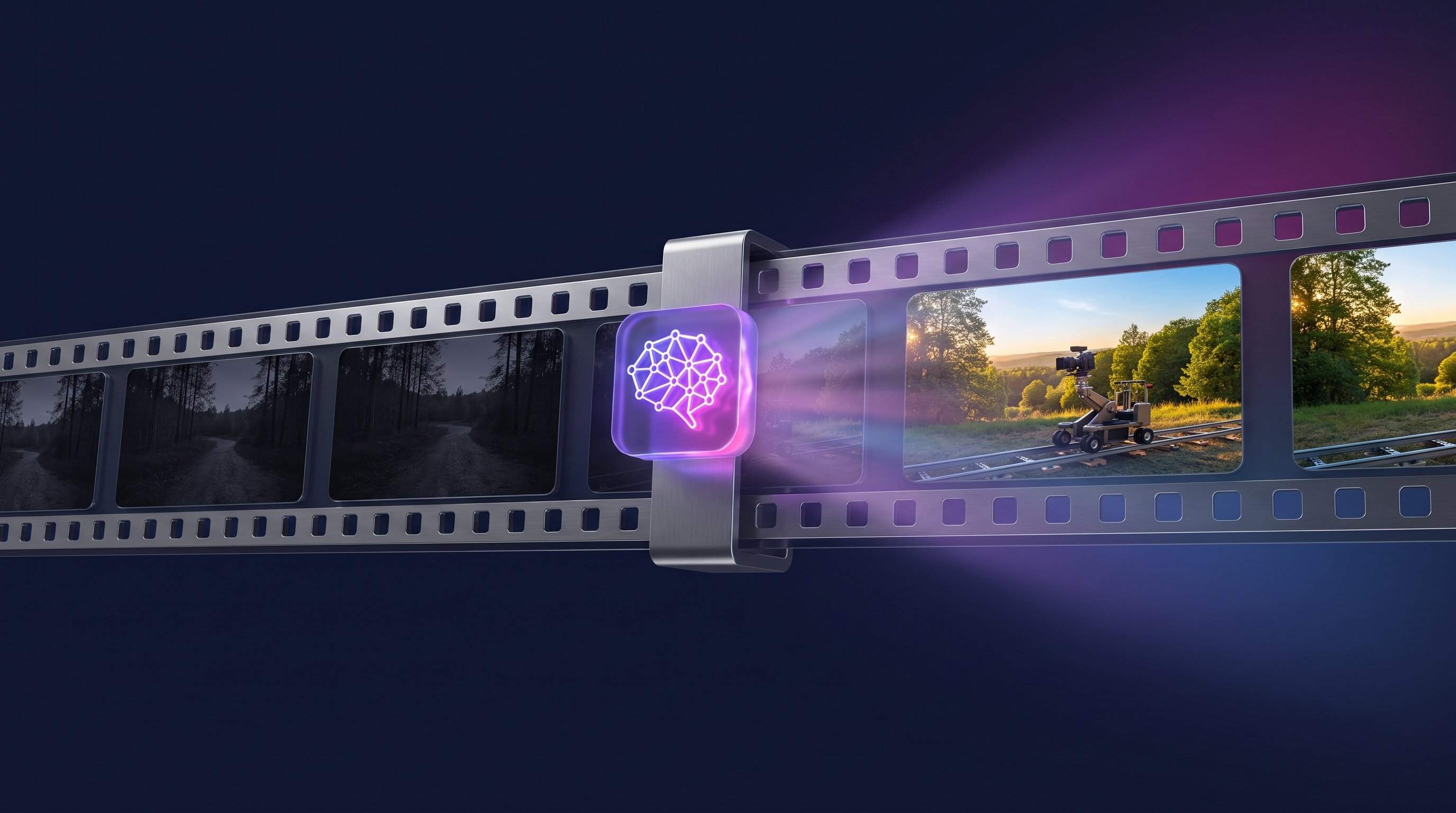 Striscia di pellicola video che si trasforma da un fotogramma scuro a una scena cinematografica vivacemente rilluminata, un nodo neurale AI luminoso che agisce come una lampada, sfondo blu navy e viola con accenti magenta