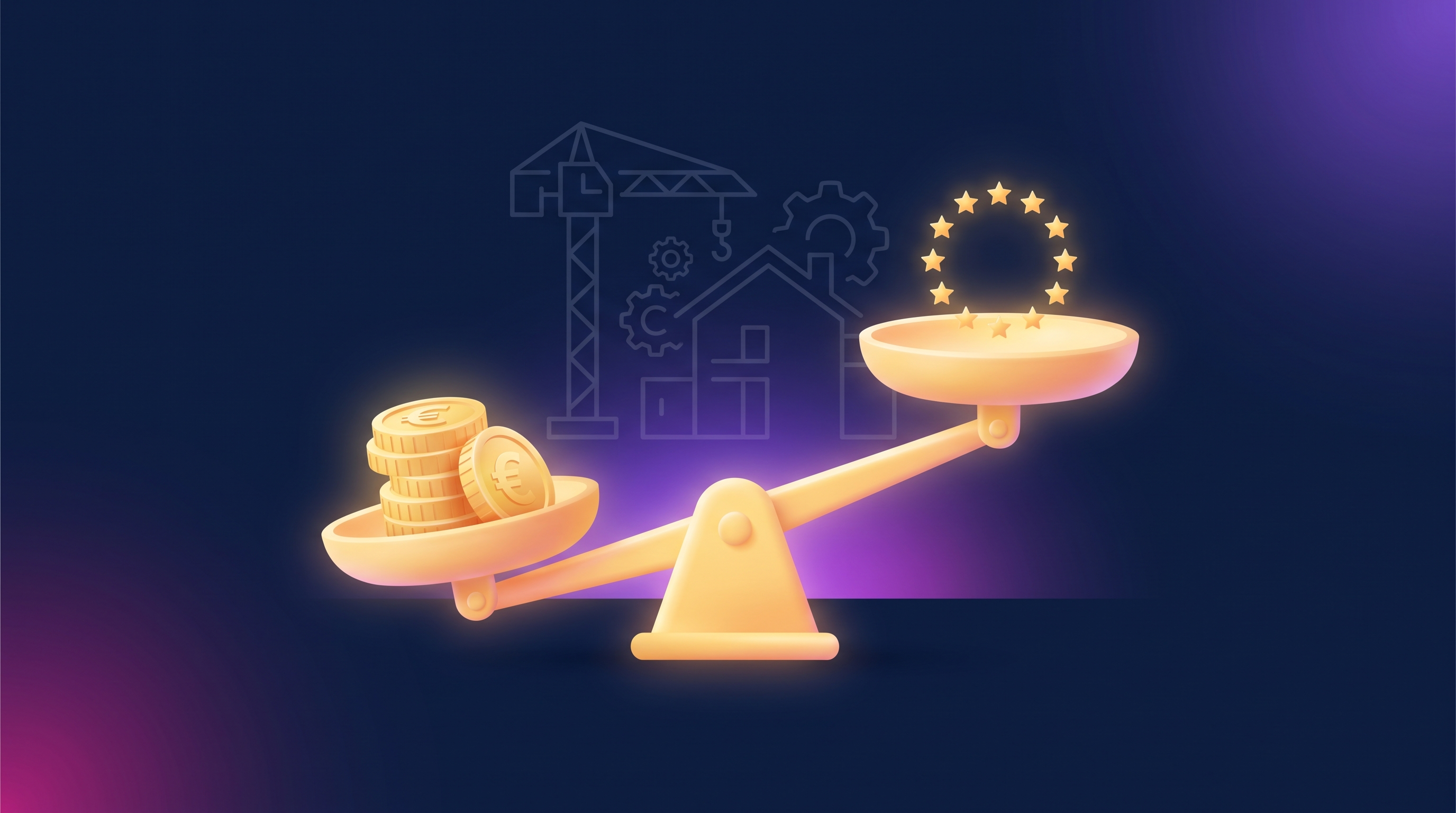 Bilancia dorata luminosa che pesa monete di euro contro un anello di stelle europee, un lato che affonda sotto il peso delle monete, sfondo blu navy e viola con accenti magenta