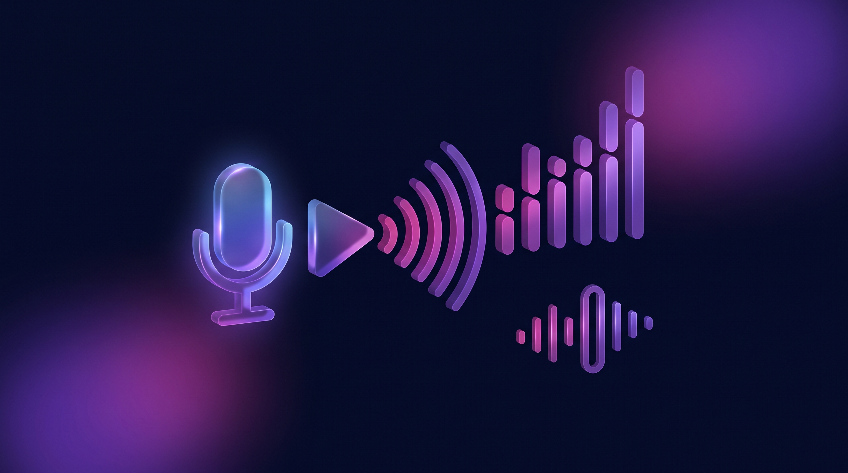 Microfono da podcast luminoso che si fonde con un'icona play, onde sonore che si trasformano in un grafico a barre ascendente che supera un'onda più piccola, sfondo blu navy e viola con accenti magenta