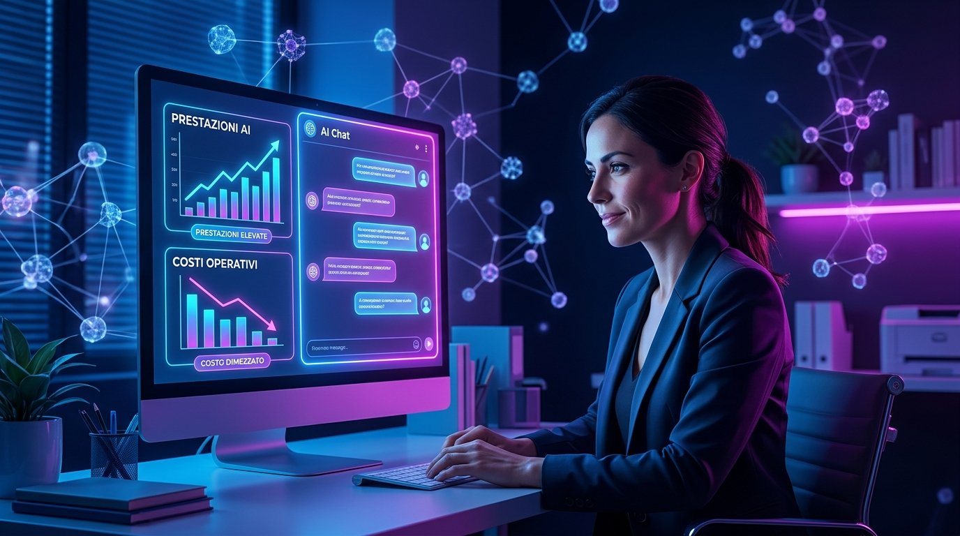 Imprenditrice in un piccolo ufficio osserva un'interfaccia chat AI luminosa con grafici di prestazioni e costi, nodi di rete neurale semi-trasparenti sullo sfondo, atmosfera cinematografica con toni blu elettrico e viola neon, sfondo scuro, arte digitale professionale
