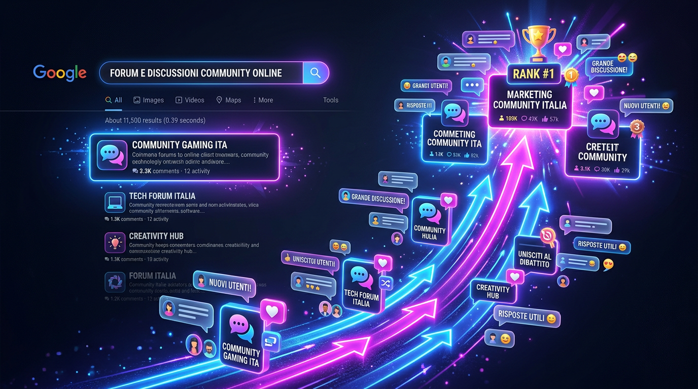 Composizione concettuale di risultati di ricerca con icone di forum e community che salgono verso la cima della classifica seguendo frecce luminose, bolle di discussione semi-trasparenti, atmosfera cinematografica con toni blu elettrico e viola neon, sfondo scuro, arte digitale moderna per marketing