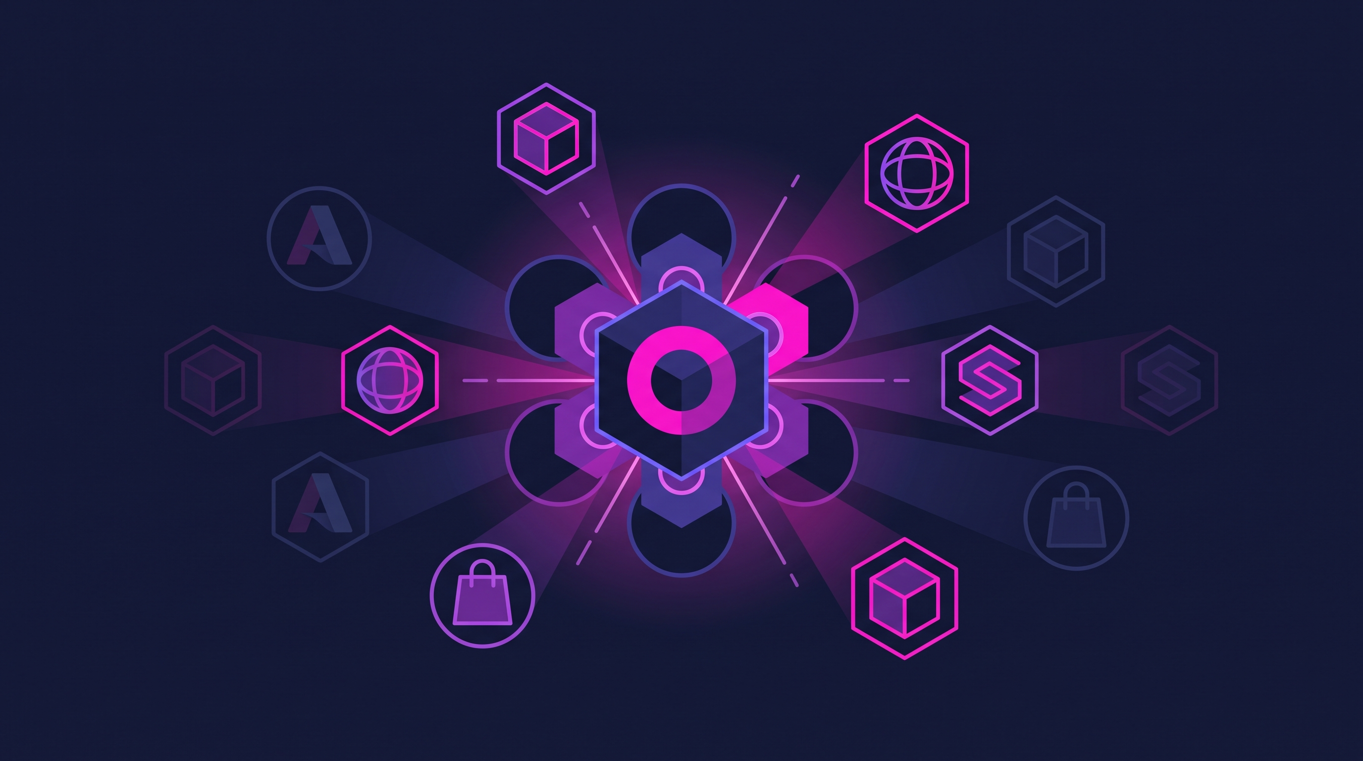Illustrazione di un nucleo AI luminoso centrale che seleziona icone di prodotti e loghi fluttuanti attorno a sé, alcuni evidenziati e altri sfumati sullo sfondo, stile geometrico minimalista blu navy e viola con accenti magenta