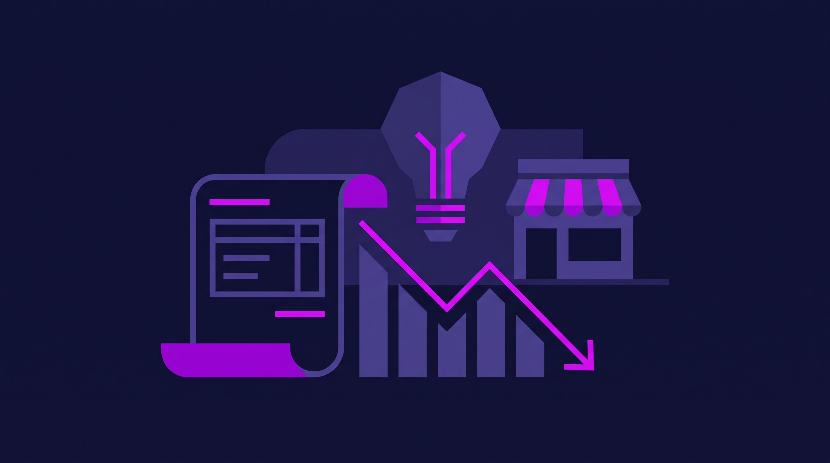 Illustrazione di una bolletta energetica digitale con un grafico in discesa, una lampadina stilizzata e un piccolo negozio sullo sfondo, stile geometrico minimalista blu navy e viola con accenti magenta