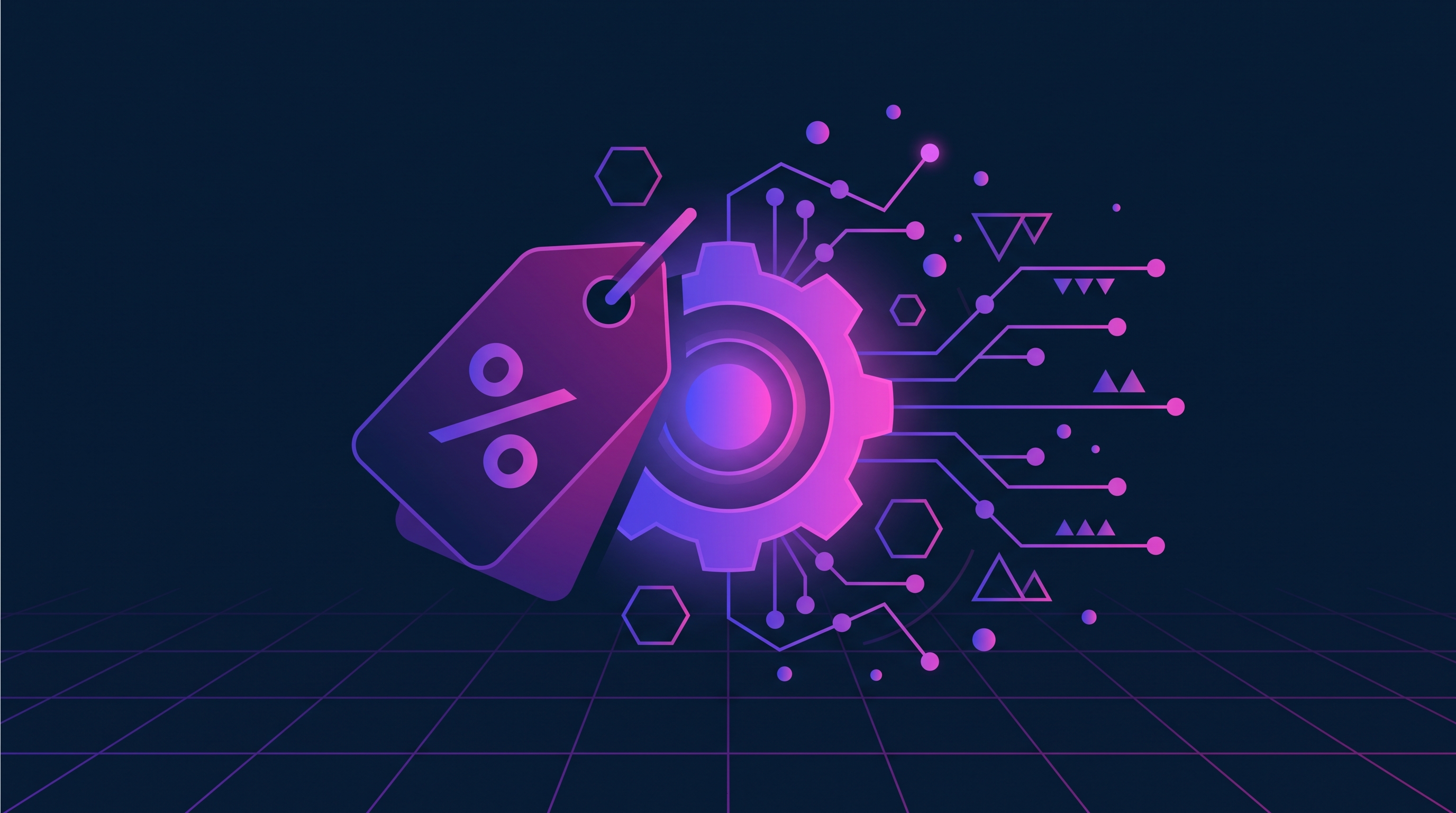 Illustrazione di un'etichetta di prezzo scontata accanto a un ingranaggio AI che genera decine di piccole notifiche e operazioni ramificate, stile geometrico minimalista blu navy e viola con accenti magenta