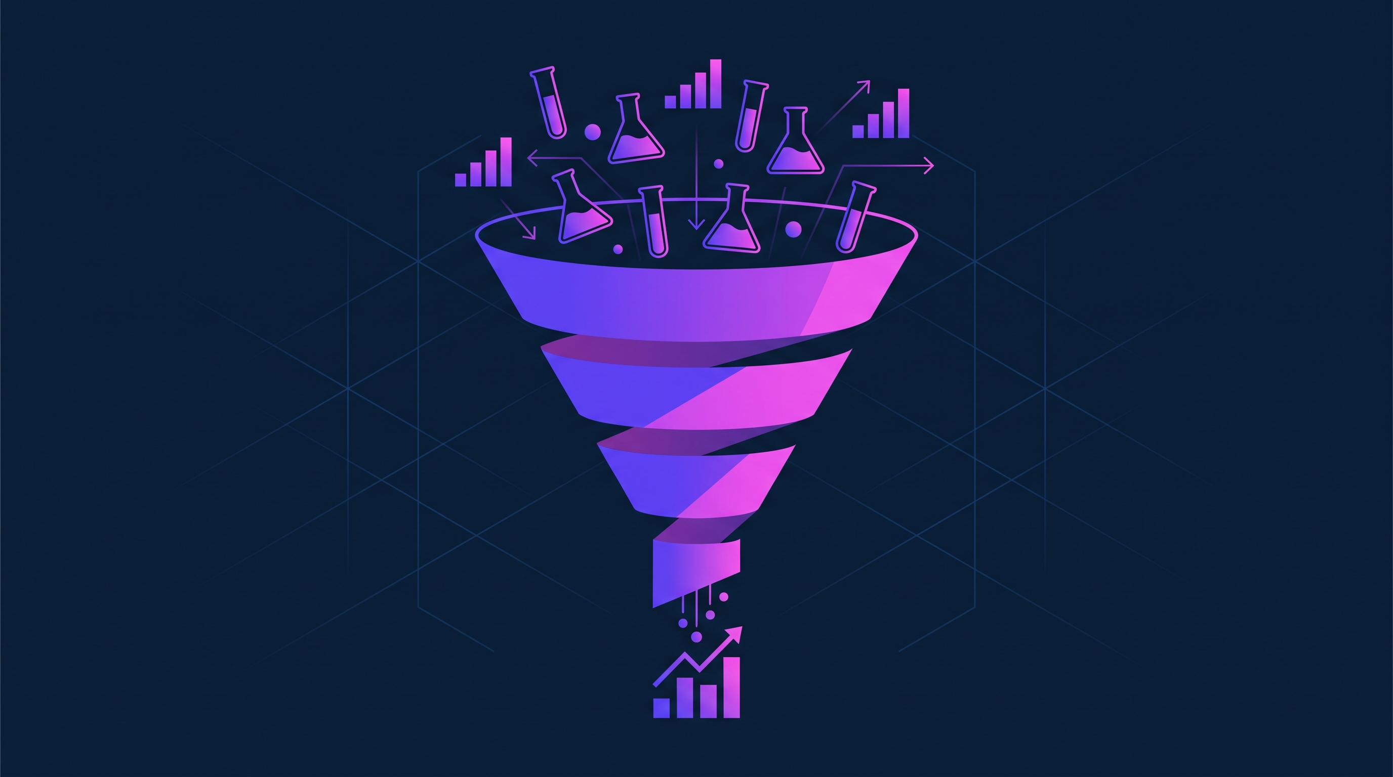 Illustrazione di un imbuto di marketing con esperimenti multipli rappresentati da piccole provette e grafici a barre in crescita, stile geometrico minimalista blu navy e viola con accenti magenta