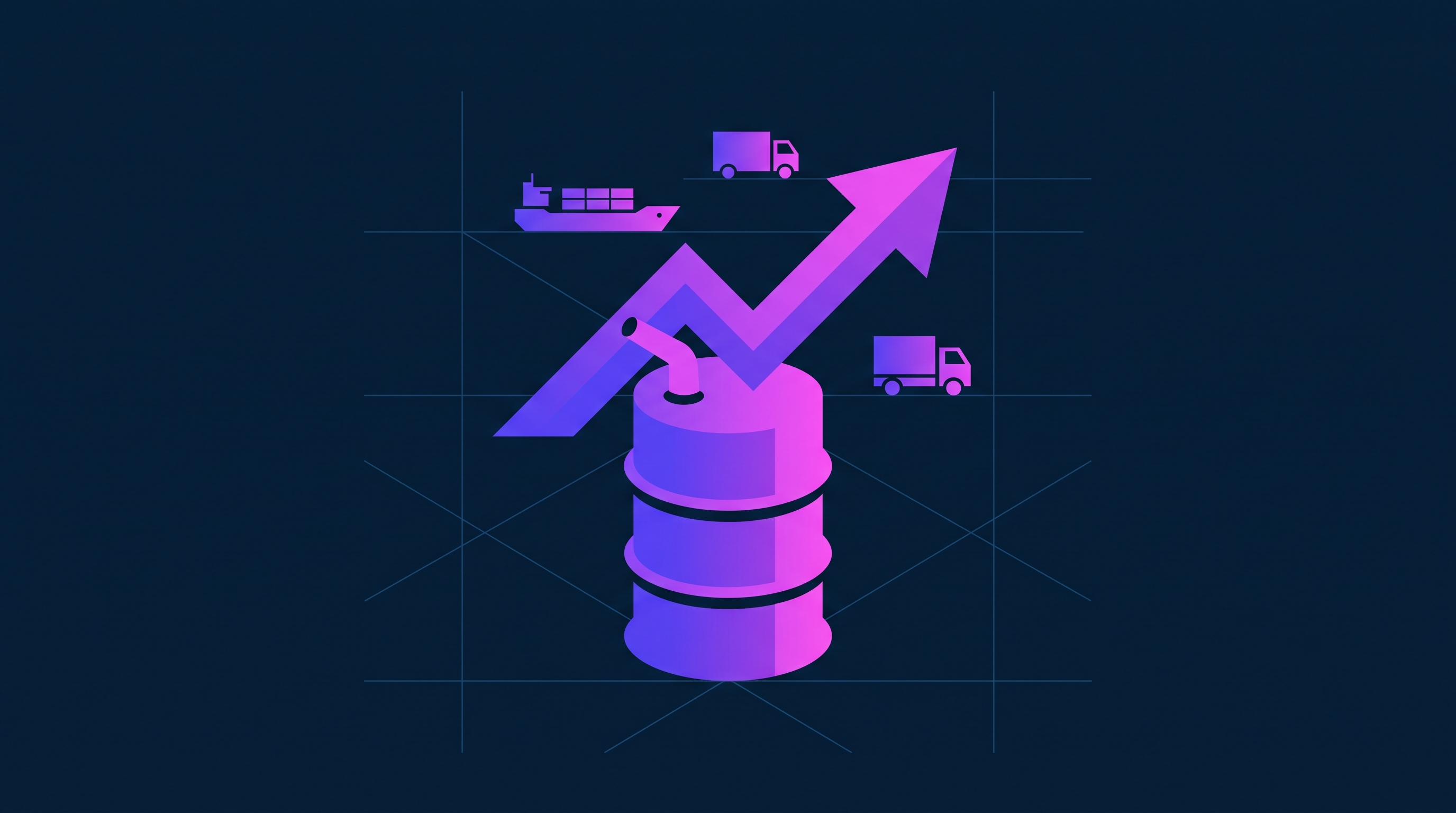 Illustrazione di un barile di petrolio stilizzato con una freccia in salita, una nave cargo e un camion in miniatura sullo sfondo, stile geometrico minimalista blu navy e viola con accenti magenta