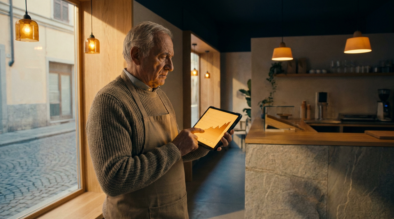 Un piccolo imprenditore italiano guarda un grafico prezzi in rialzo sul suo tablet