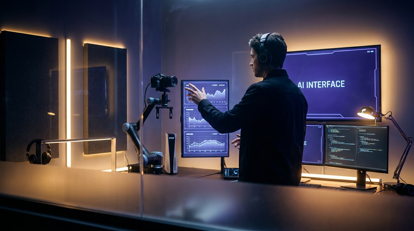 Un creator filma un video in uno studio moderno con schermi AI e analytics sullo sfondo