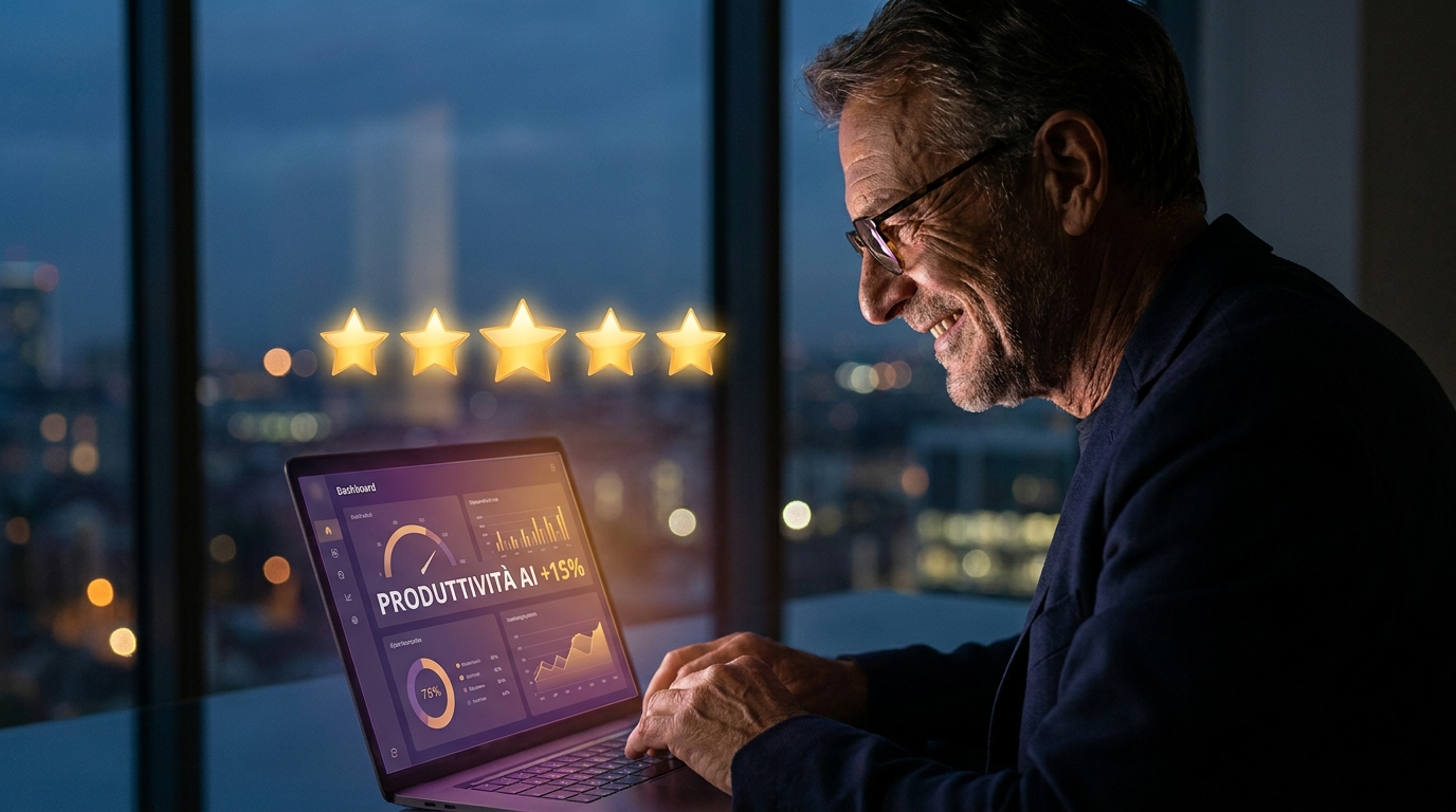 Un imprenditore italiano sorride davanti allo schermo del laptop con una dashboard AI e metriche di produttività, luce viola e ambrata dallo schermo in un ufficio moderno e buio