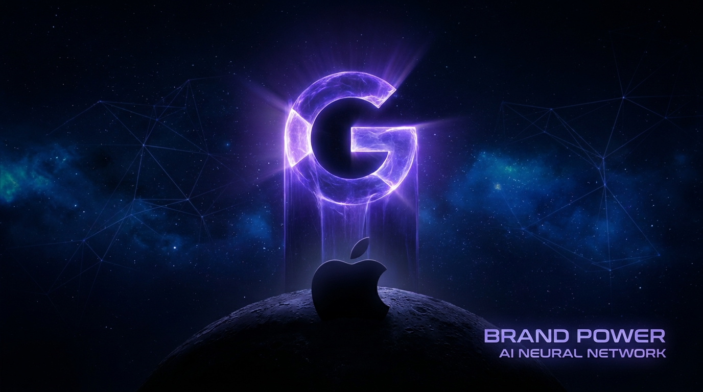 Google logo che irradia luce viola e indaco potente sovrastando Apple in ombra, con una rete neurale AI luminosa sullo sfondo scuro