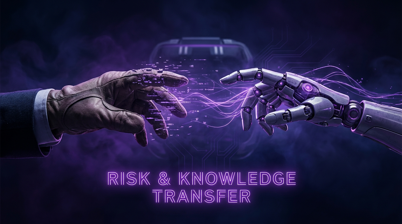 Mano umana professionale e mano robotica AI posizionate su lati opposti, la mano umana che sfuma mentre quella AI emerge, sfondo sfumato navy-viola, luce neon viola drammatica, atmosfera riflessiva