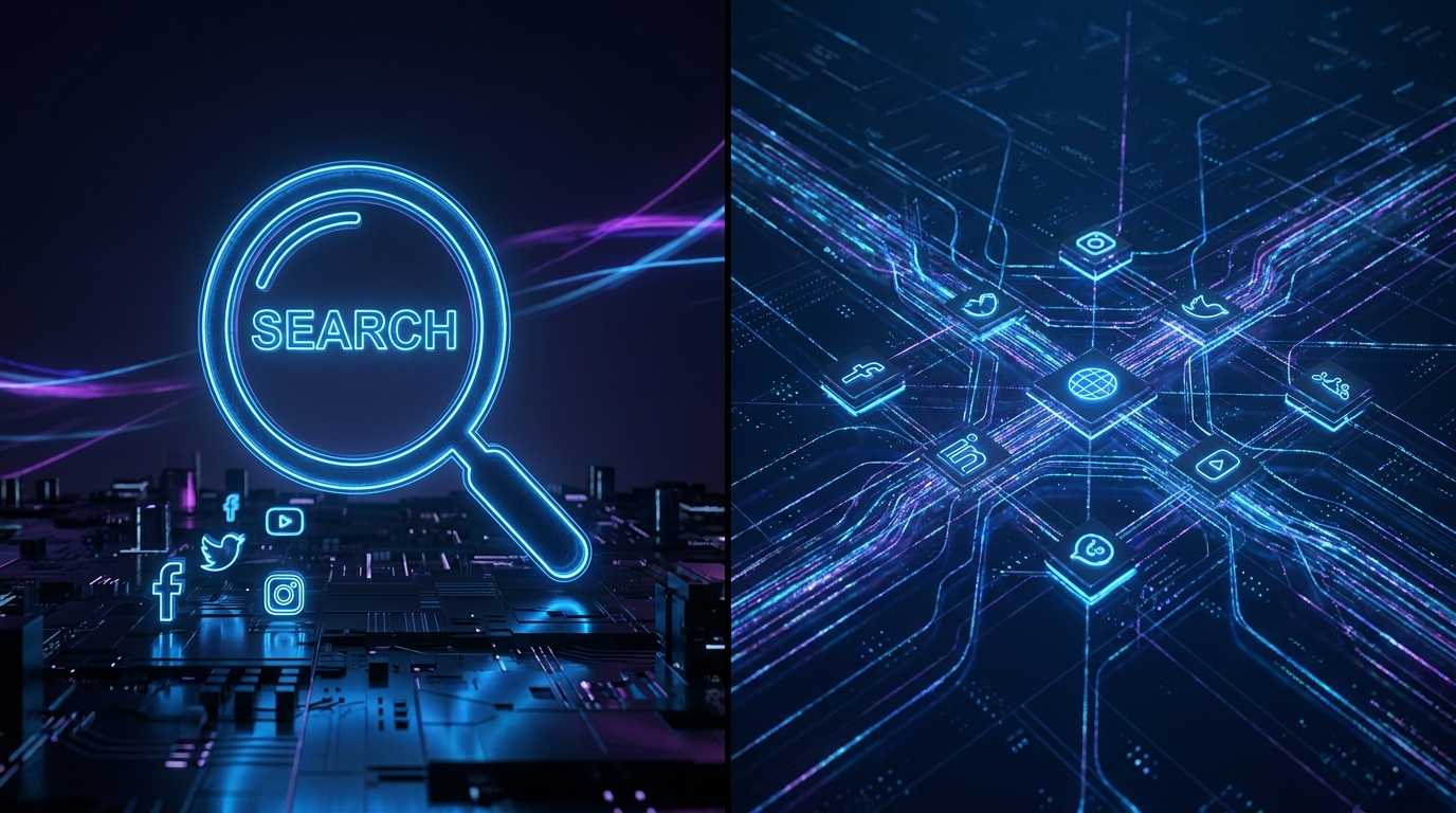 Visualizzazione digitale di flussi di traffico web con un enorme nodo di ricerca luminoso blu che domina sopra piccoli nodi social media rossi, sfondo navy scuro con raggi di luce viola