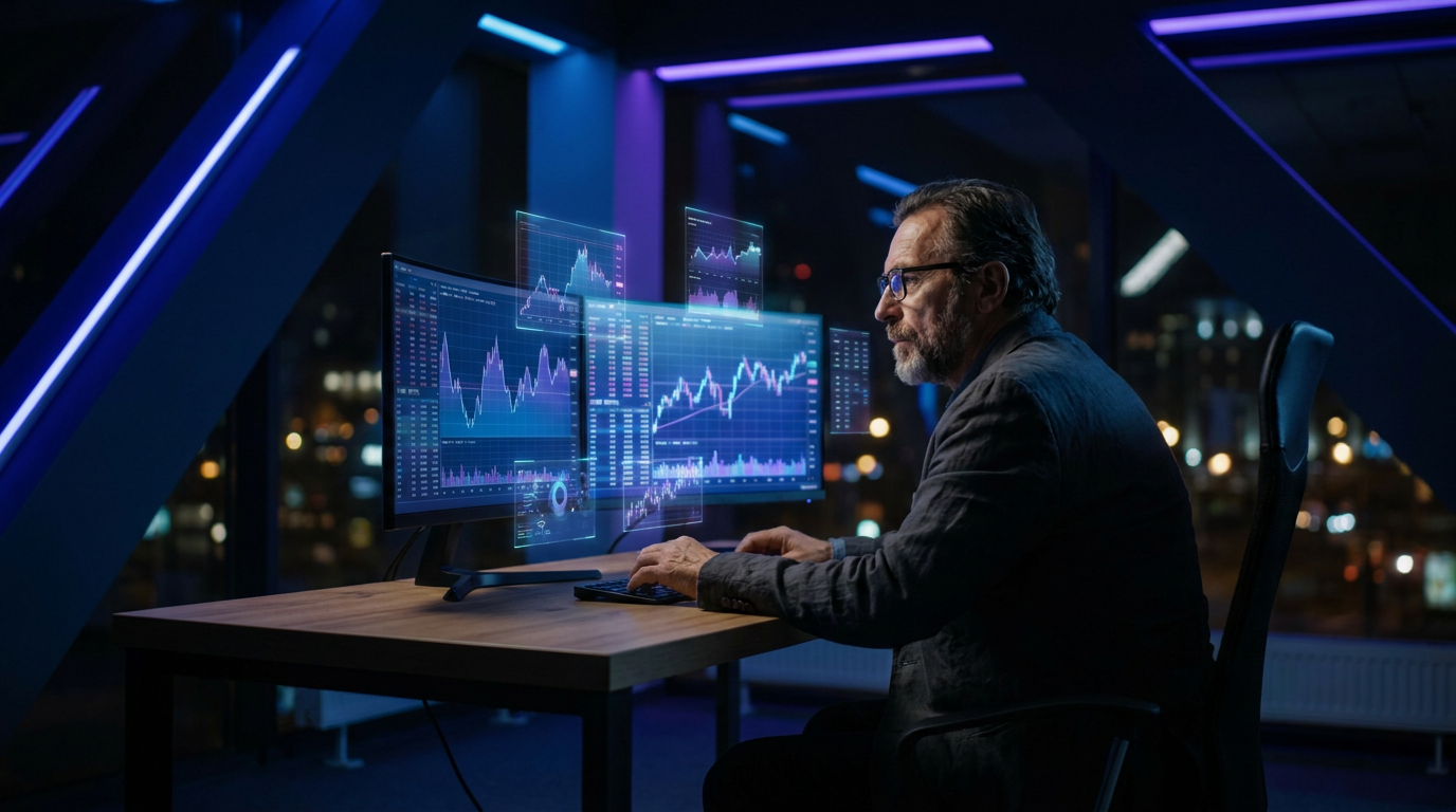 Imprenditore italiano in un ufficio moderno con grafici di crescita finanziaria che fluttuano sullo schermo, illuminazione viola e blu navy, atmosfera professionale e ambiziosa