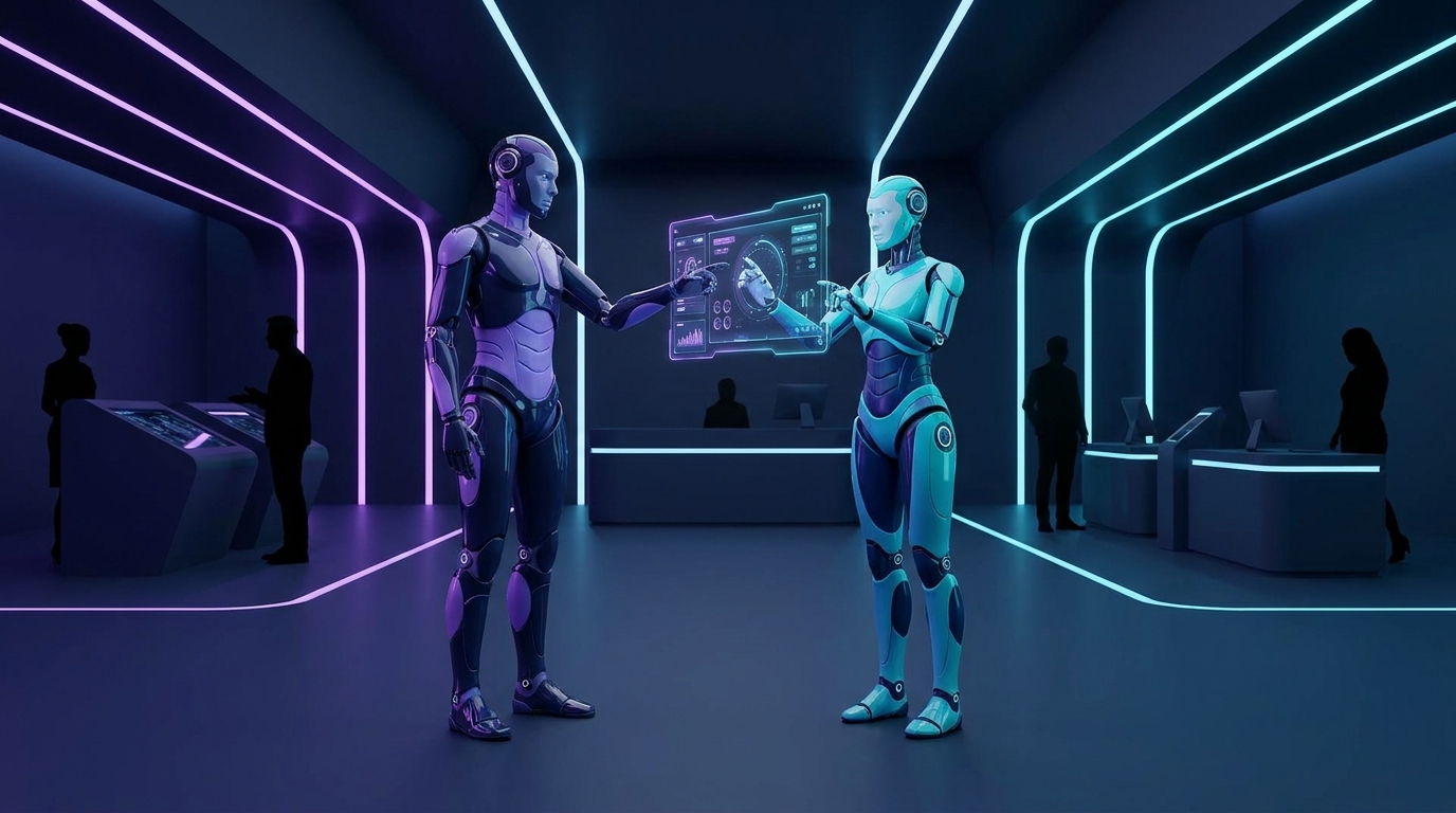 Due robot umanoidi eleganti in un moderno centro di customer service, uno che dirige l'altro con un pannello di controllo olografico tra loro, sfondo blu navy con luci viola e cyan, estetica tech minimalista, 4K fotorealistico, atmosfera professionale