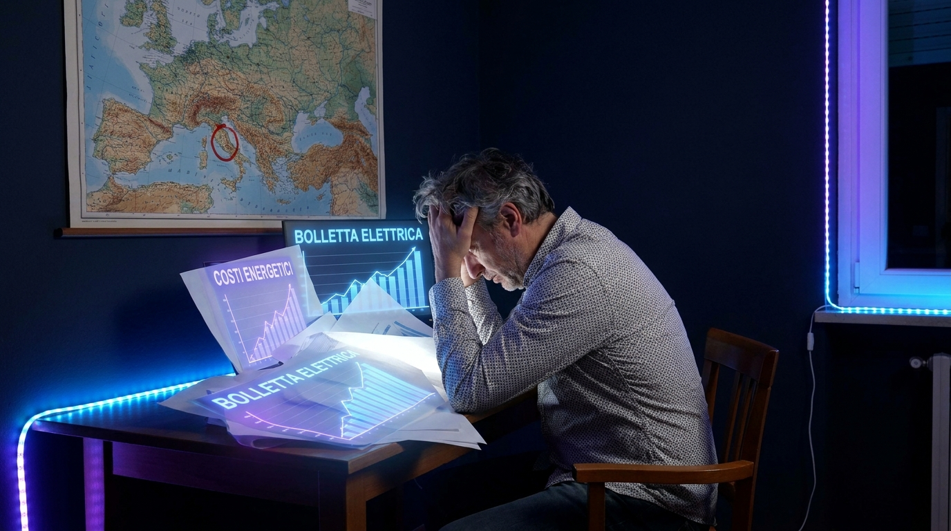 Imprenditore italiano alla scrivania sommerso da bollette elettriche luminose con mappa europea sullo sfondo che mostra l'Italia in rosso, sfondo blu navy con luci elettriche blu e viola, stile fotografico professionale drammatico