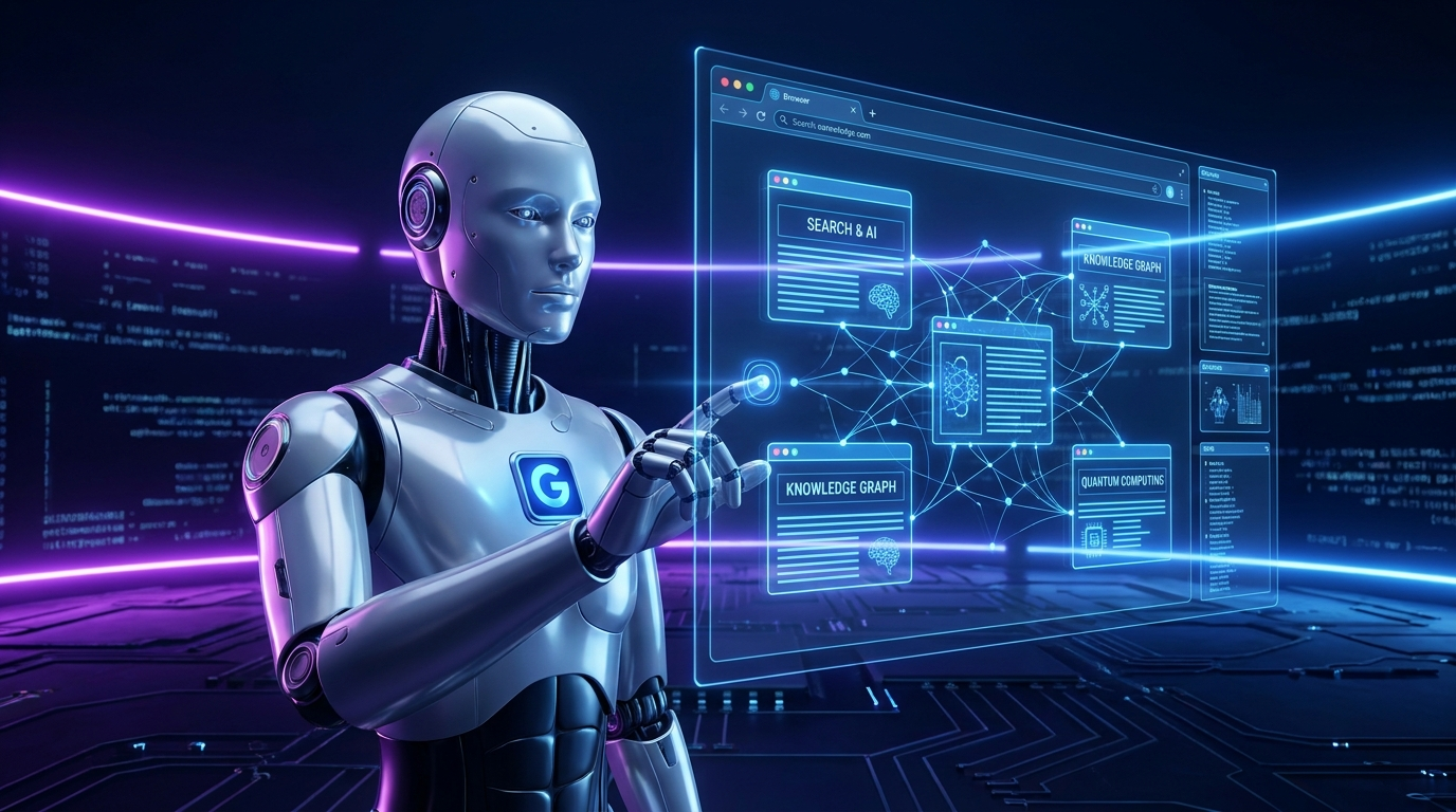 Robot AI elegante con badge Google che naviga interfacce di siti web fluttuanti nello spazio digitale, finestre browser luminose blu, percorsi neurali che connettono pagine web, sfondo navy scuro con raggi di luce viola ed elettrico, stile futuristico 4K fotorealistico