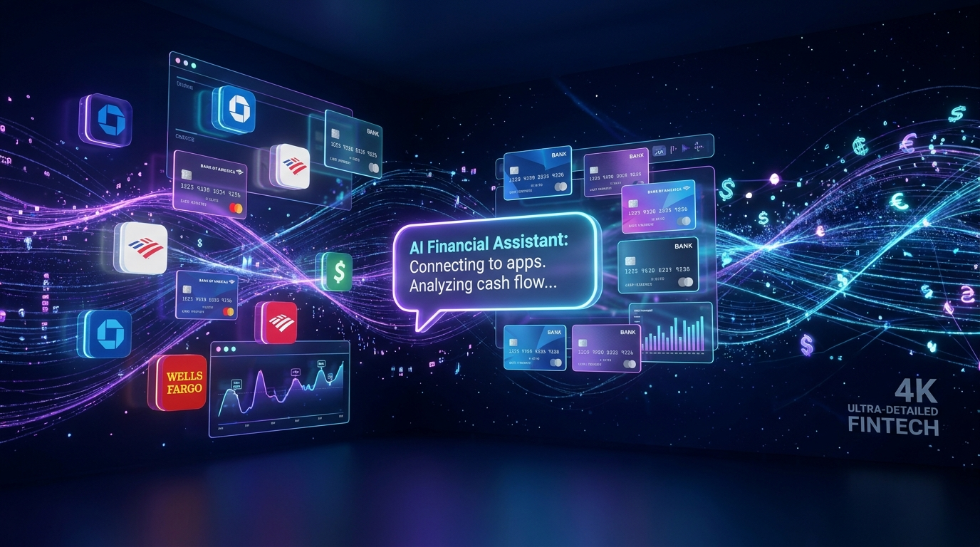 Interfaccia AI futuristica che si connette ad app bancarie e flussi di dati finanziari, icone olografiche di banche e flussi monetari che fluttuano in uno spazio navy, bolle di chat AI che si interfacciano con carte di credito 3D e loghi bancari, bagliore neon viola e blu elettrico