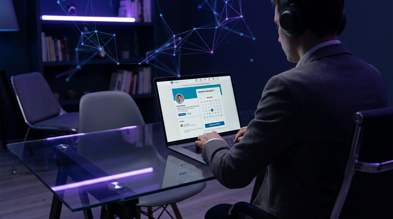 Professionista freelance con laptop aperto su profilo LinkedIn che mostra calendario prenotazioni e interfaccia pagamenti, schermo luminoso in stanza navy blu, luci neon viola riflesse sulla scrivania in vetro, nodi di connessione sullo sfondo, workspace minimalista moderno