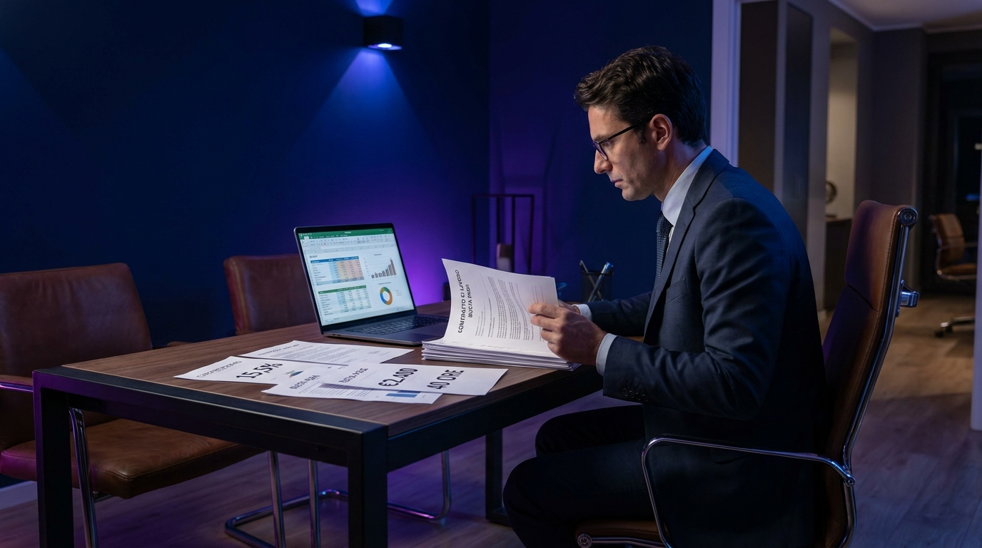Imprenditore italiano alla scrivania che esamina contratti di lavoro e documenti salariali, sfondo navy blu con luci viola, atmosfera professionale, laptop con fogli di calcolo, illuminazione cinematica blu e viola