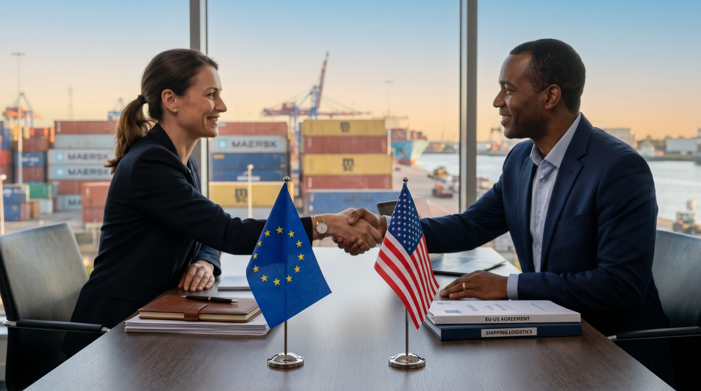 Bandiere europea e americana su scrivania professionale con documenti commerciali in sfondo sfumato, luci dorate e blu, due professionisti che si stringono la mano, atmosfera business editoriale, qualità fotografica 4K