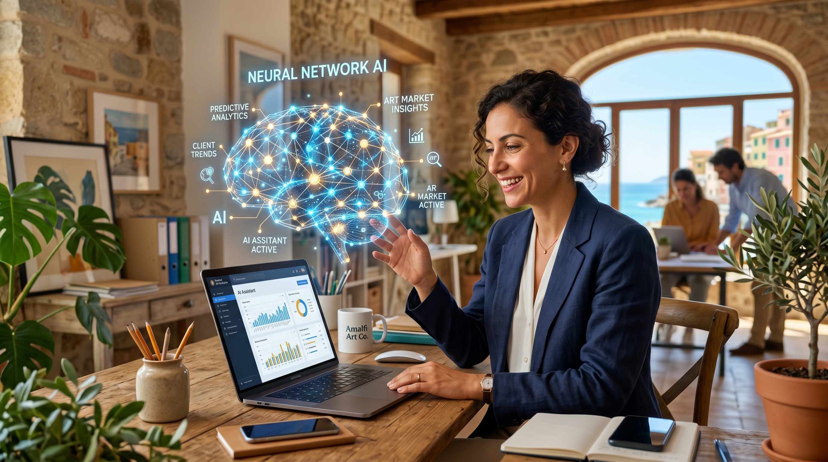 Imprenditore PMI con laptop e interfaccia AI olografica che fluttua, ufficio luminoso moderno con piante, atmosfera produttiva e ottimista, luce mediterranea calda, fotografia tech editoriale, qualità 4K