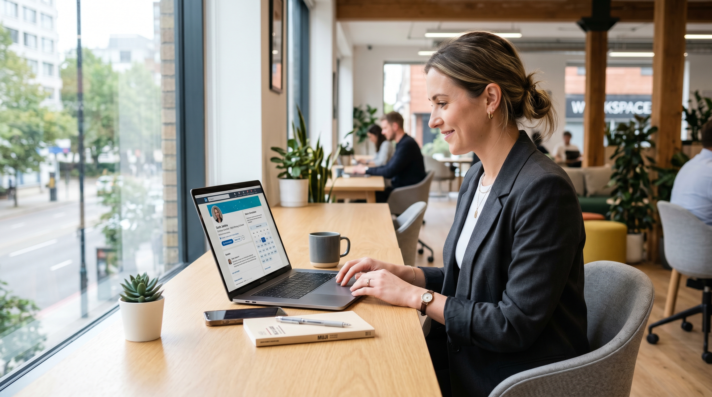 Freelancer professionista con laptop aperto su interfaccia LinkedIn con calendario di prenotazione, coworking moderno con luce naturale dalla finestra, scrivania pulita e minimalista, fotografia business editoriale, qualità 4K