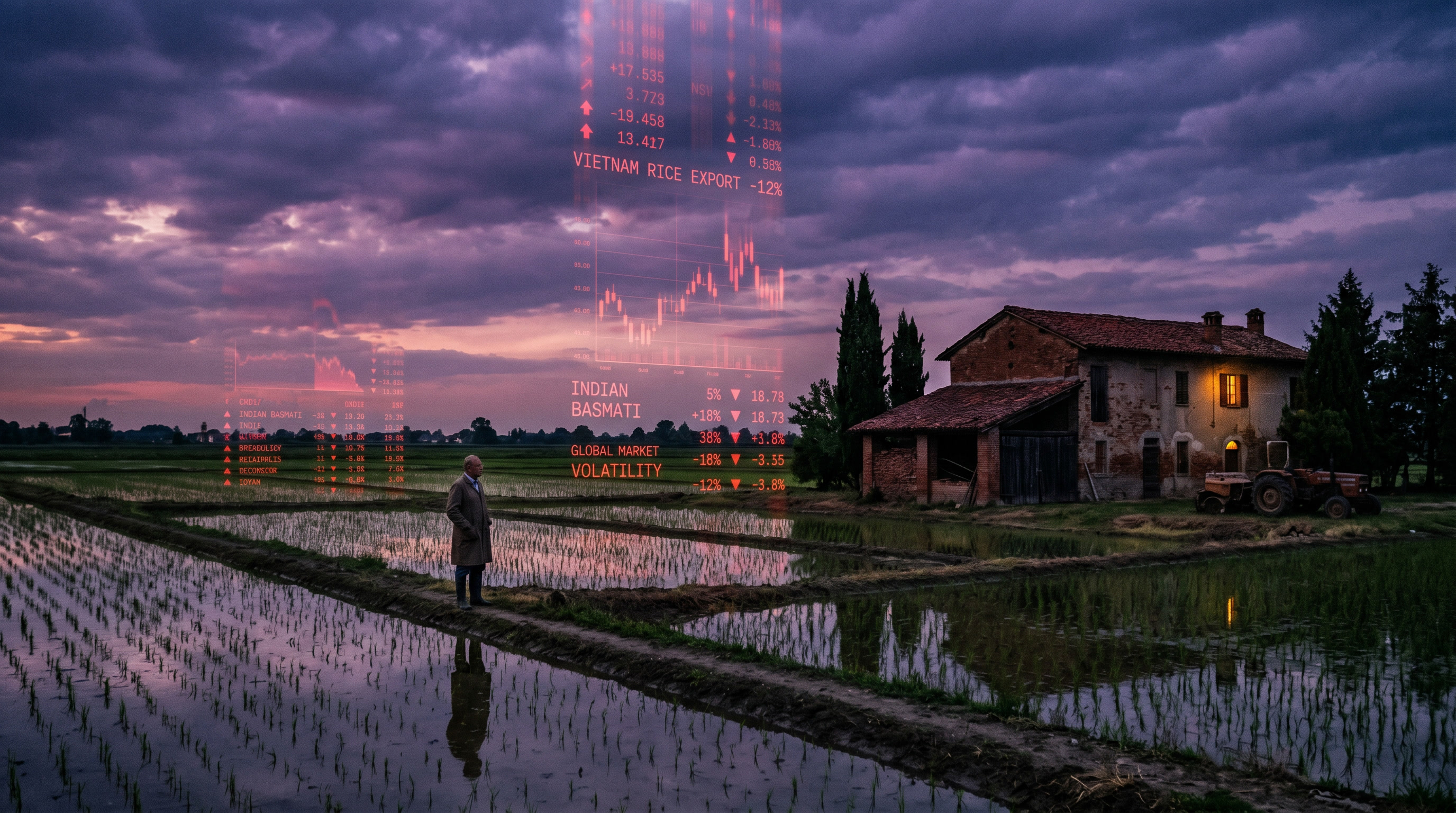 Risaia italiana al crepuscolo con cielo viola drammatico, casolare tradizionale in primo piano e flussi di dati rossi di mercato estero che scendono dall'alto, stile documentario cinematico navy e viola
