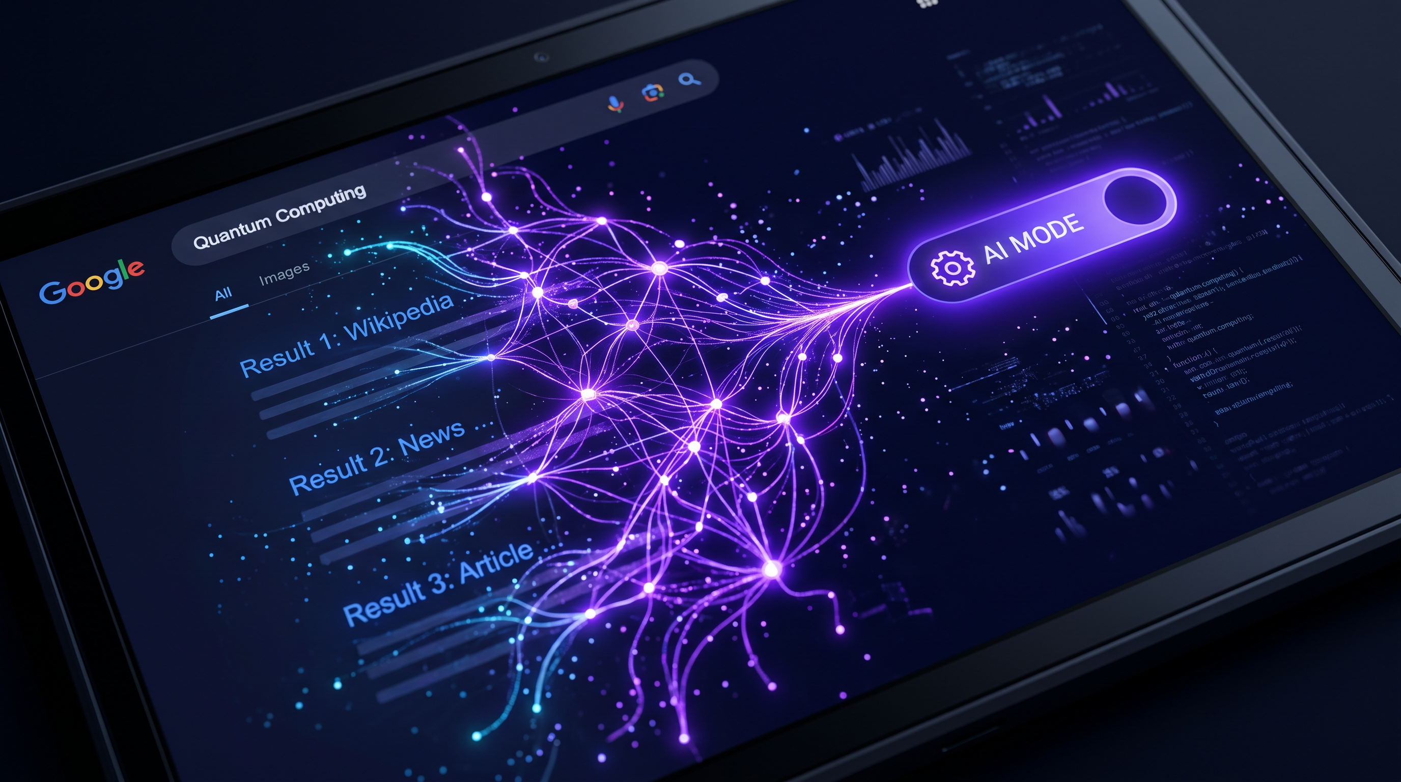 Google search results interface trasformandosi in AI Mode, connessioni neurali viola che sostituiscono i link tradizionali, luce elettrica su sfondo navy scuro, 4K editoriale