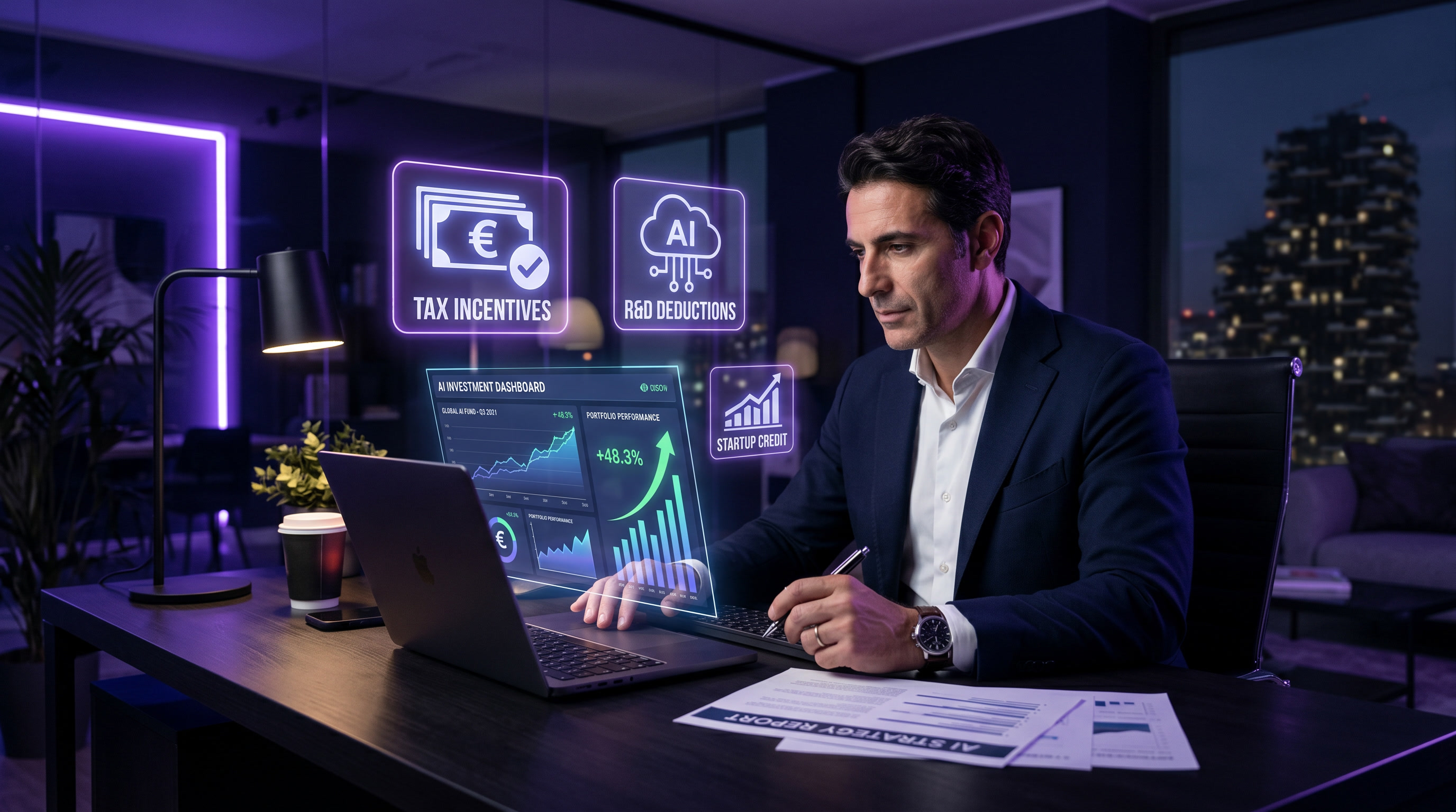 Imprenditore italiano alla scrivania con documenti di investimento AI e icone fiscali olografiche che fluttuano nell'aria, atmosfera navy e viola profondo, laptop con dashboard AI e simboli euro, fotografia editoriale professionale 4K